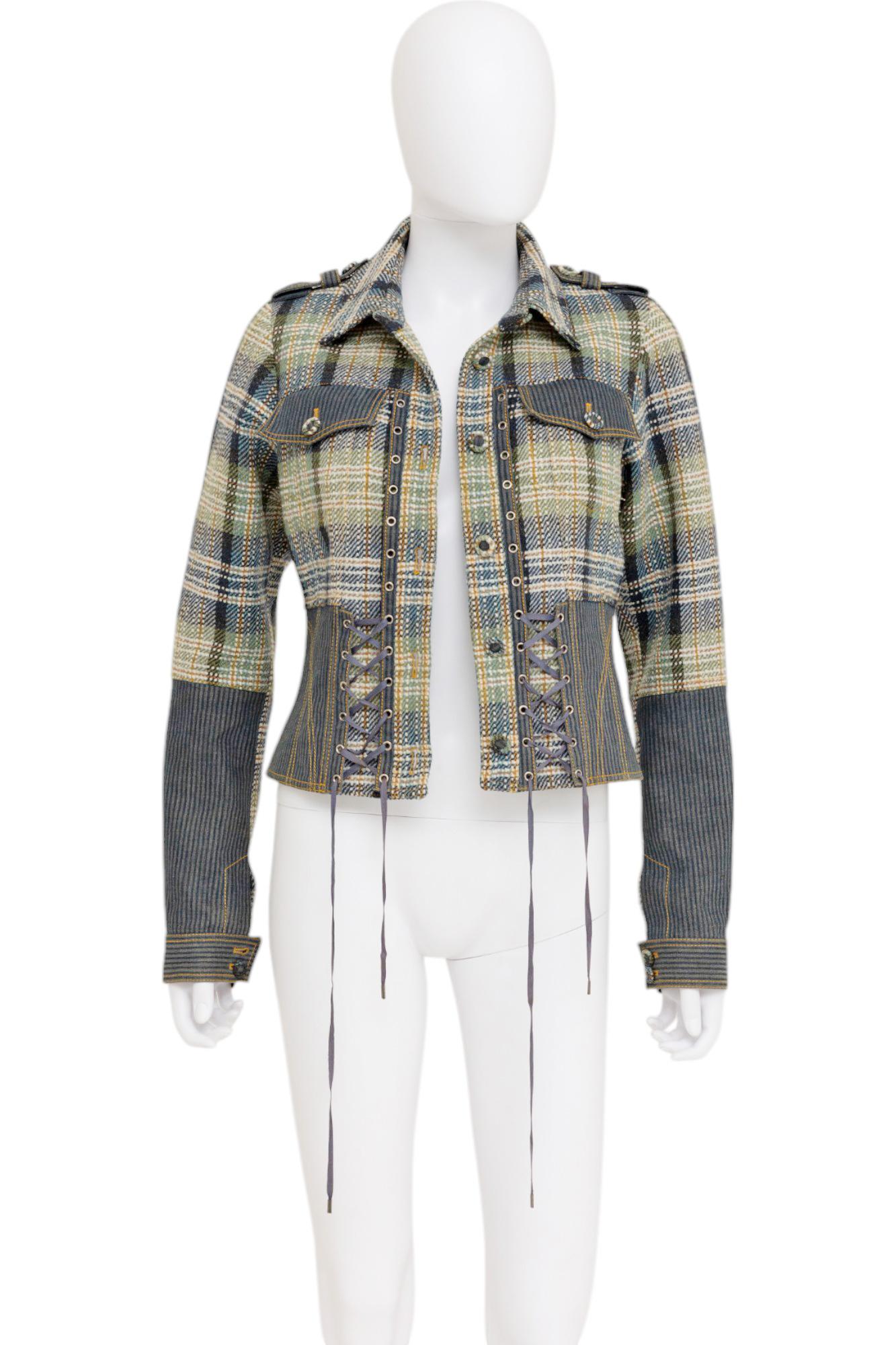 John Galliano S/S 2005 - Veste en soie verte et bleue à carreaux Bondage Pour femmes en vente