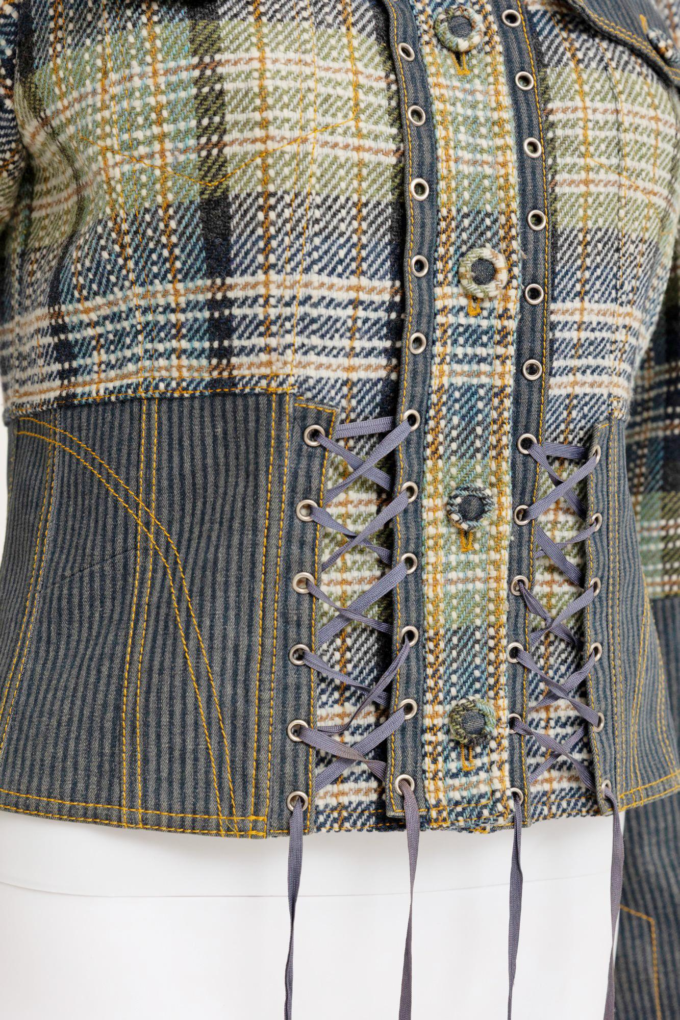 John Galliano S/S 2005 - Veste en soie verte et bleue à carreaux Bondage en vente 1