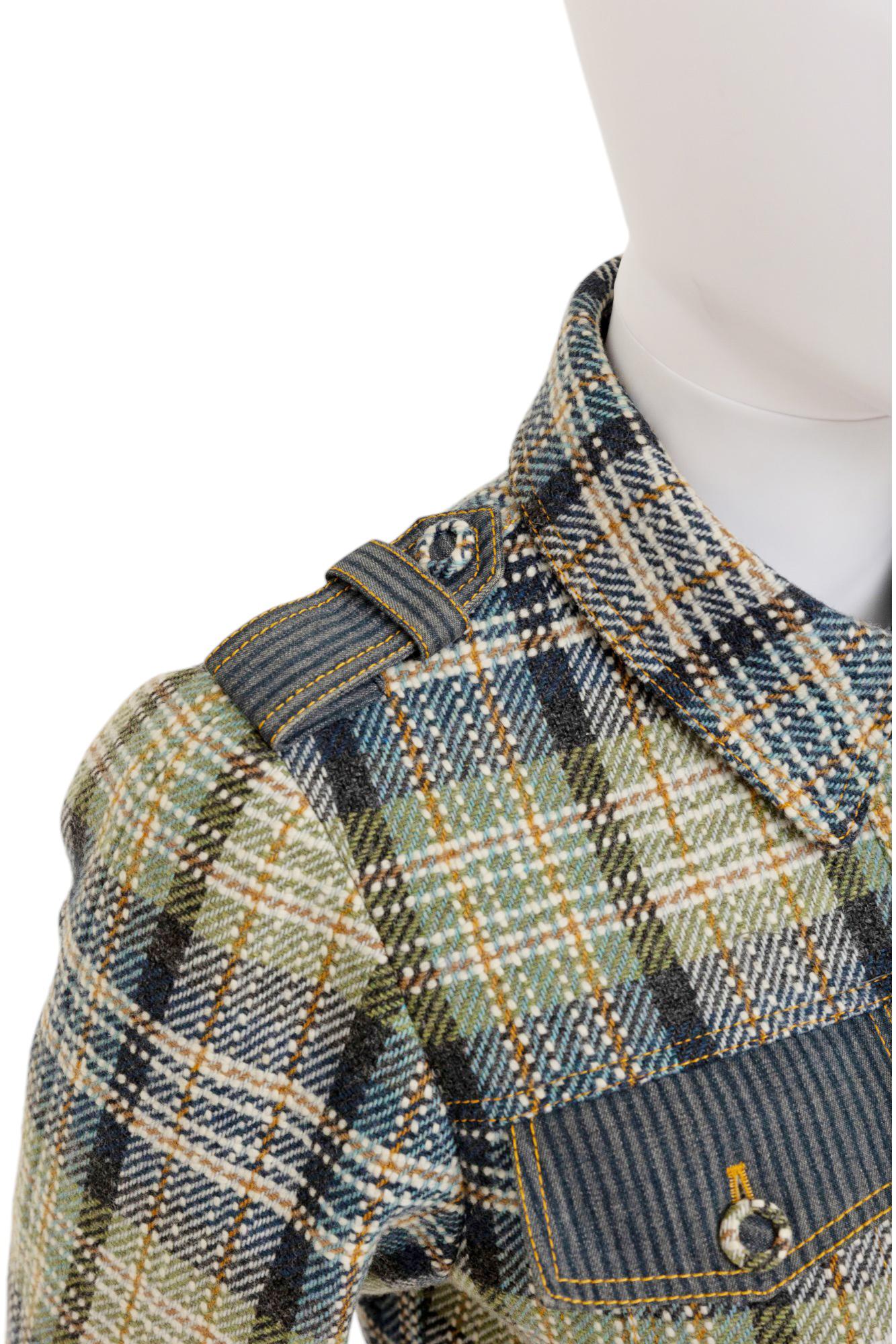 John Galliano S/S 2005 - Veste en soie verte et bleue à carreaux Bondage en vente 3