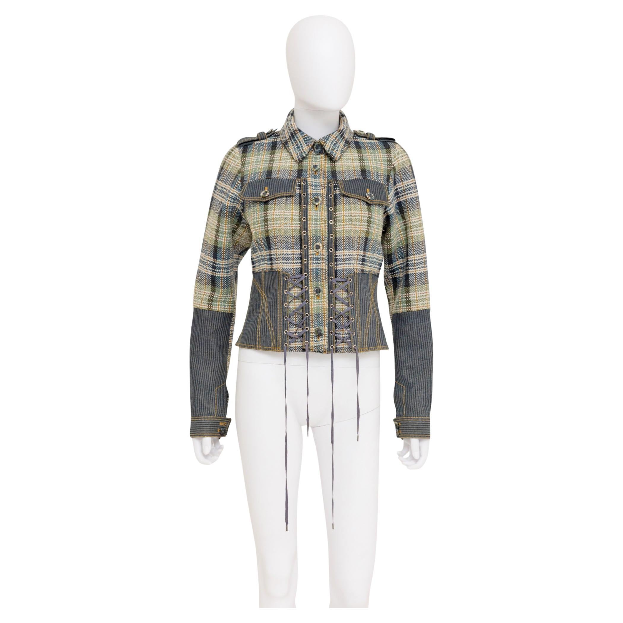 John Galliano S/S 2005 Checkered Bondage Green and Blue Silk Jacket