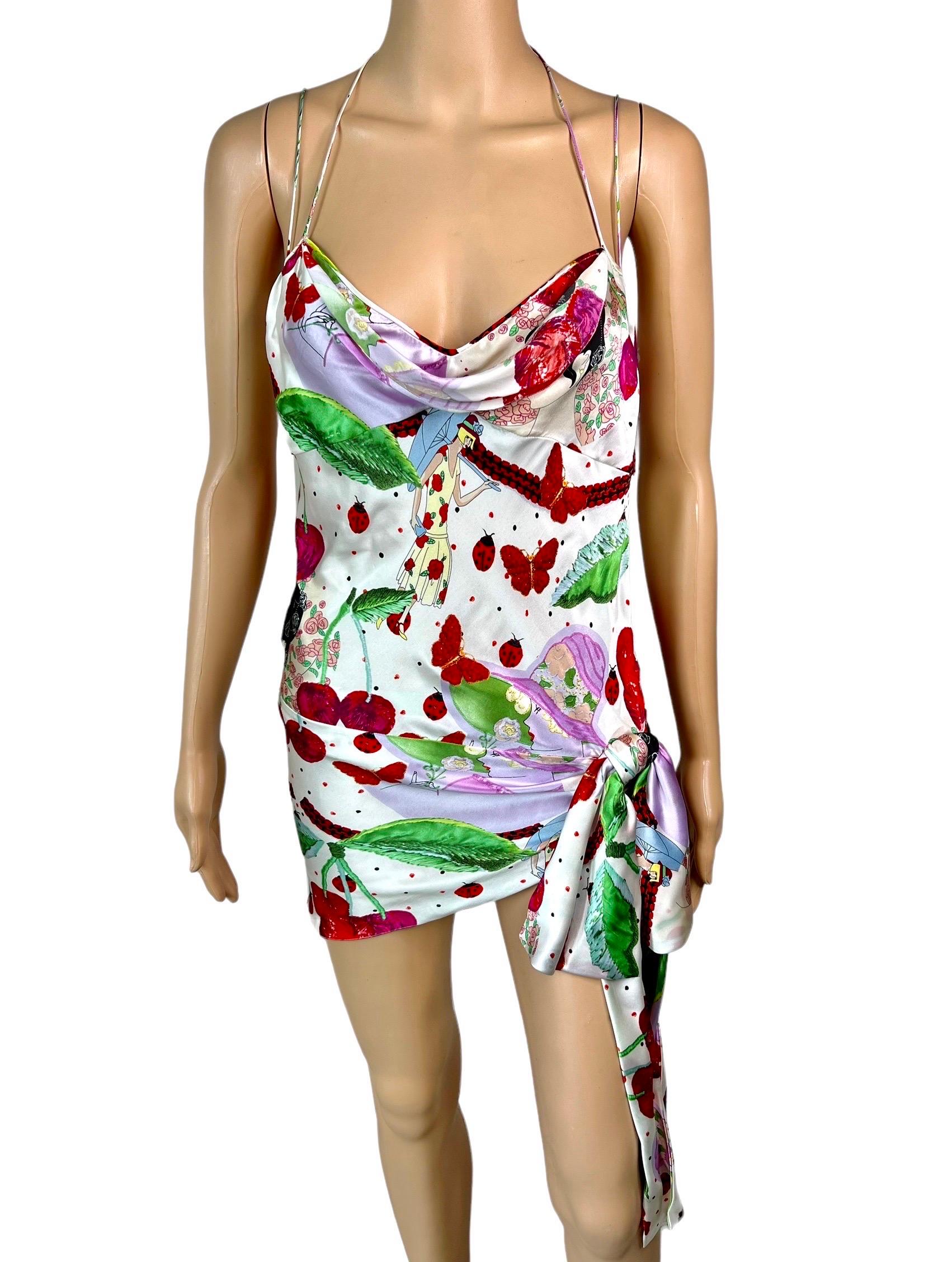 John Galliano S/S 2005 Cherry Print Tie Up Silk Slip Mini Dress FR 38

