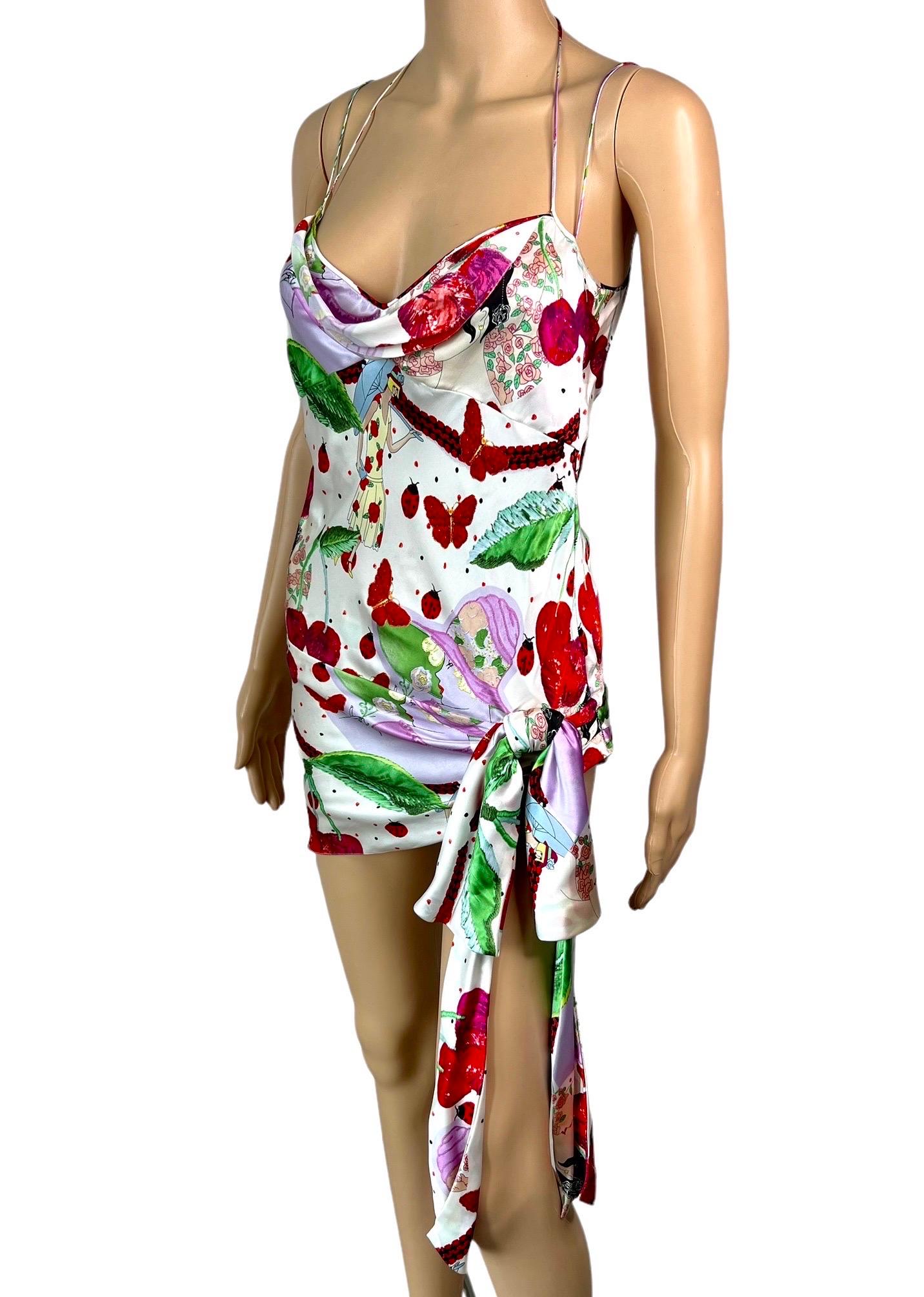 Gray John Galliano S/S 2005 Cherry Print Tie Up Silk Slip Mini Dress For Sale
