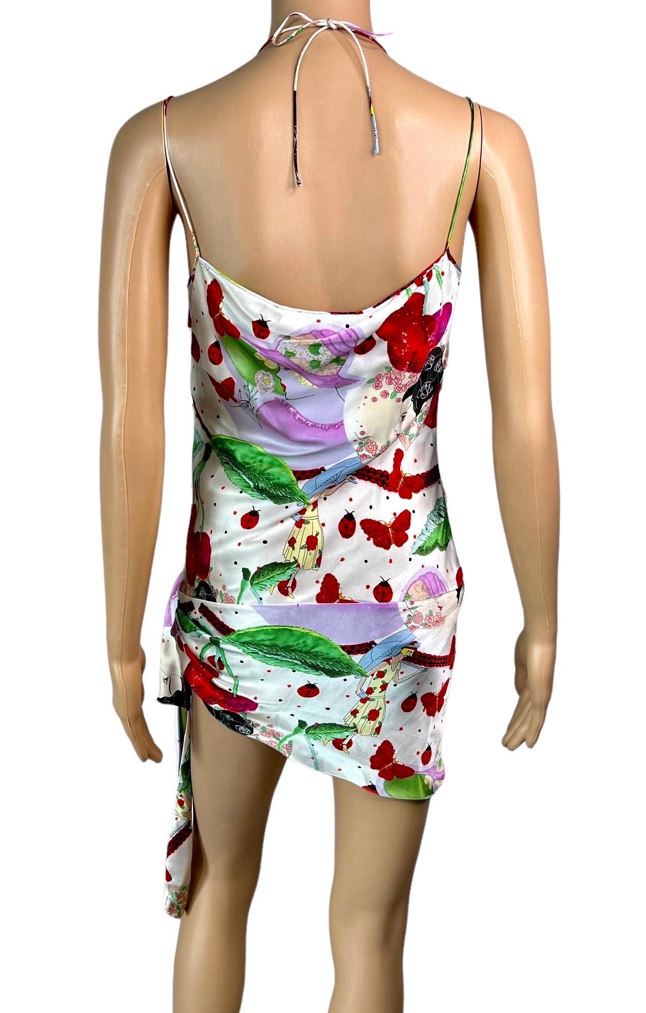 John Galliano S/S 2005 Cherry Print Tie Up Silk Slip Mini Dress In Excellent Condition For Sale In Naples, FL