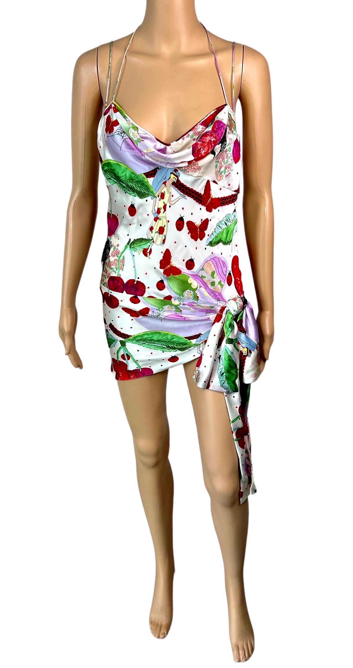 Women's John Galliano S/S 2005 Cherry Print Tie Up Silk Slip Mini Dress For Sale