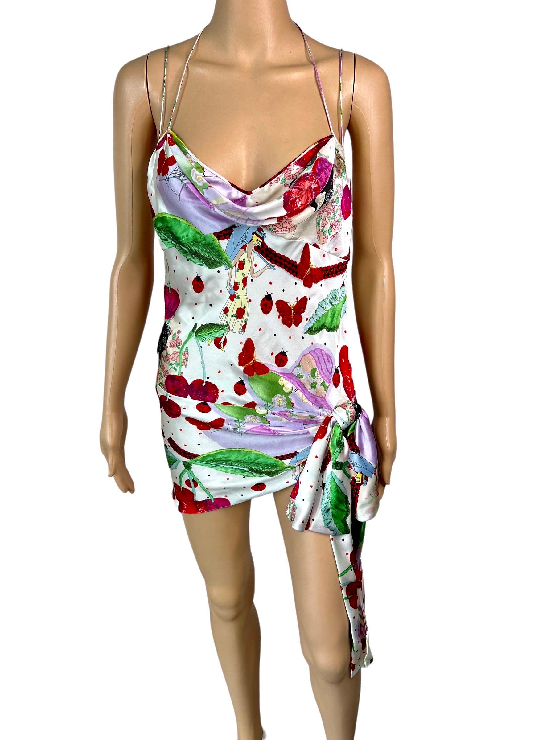 John Galliano S/S 2005 Cherry Print Tie Up Silk Slip Mini Dress For Sale 1