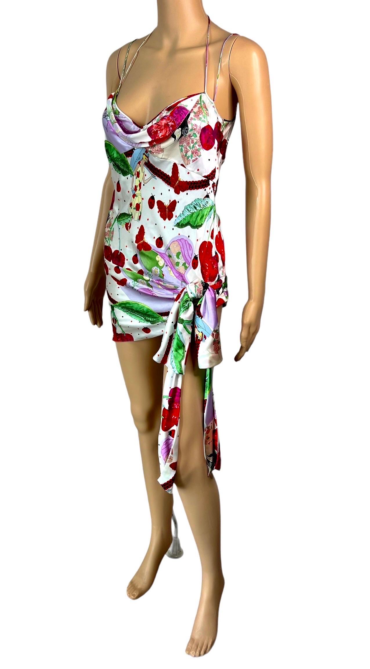John Galliano S/S 2005 Cherry Print Tie Up Silk Slip Mini Dress For Sale 3