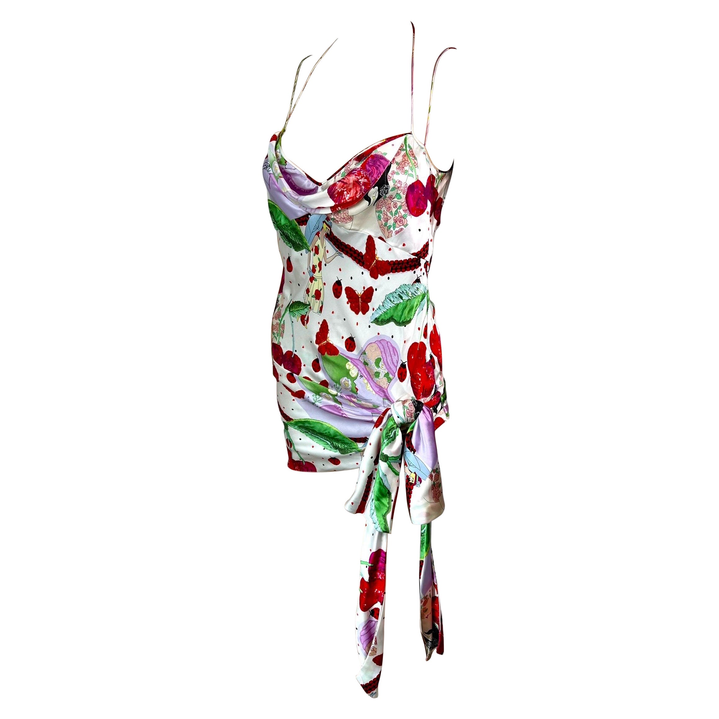John Galliano S/S 2005 Cherry Print Tie Up Silk Slip Mini Dress For Sale