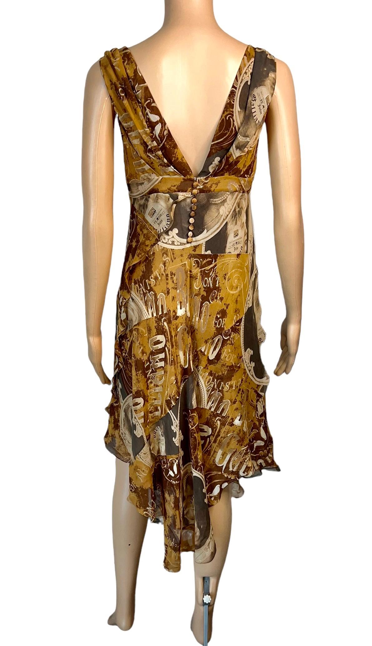 John Galliano - Robe de soirée en soie à décolleté plongeant et imprimé journal, printemps-été 2006 Bon état - En vente à Naples, FL