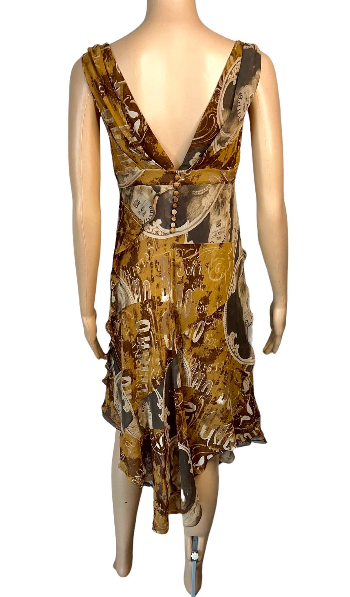 John Galliano S/S 2006 Newspaper Print Plunging Neckline Silk Evening Dress In Good Condition For Sale In Naples, FL