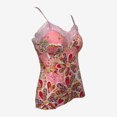 John Galliano S/S 2006 Pink Floral-Print Lace-Trim Camisole Top