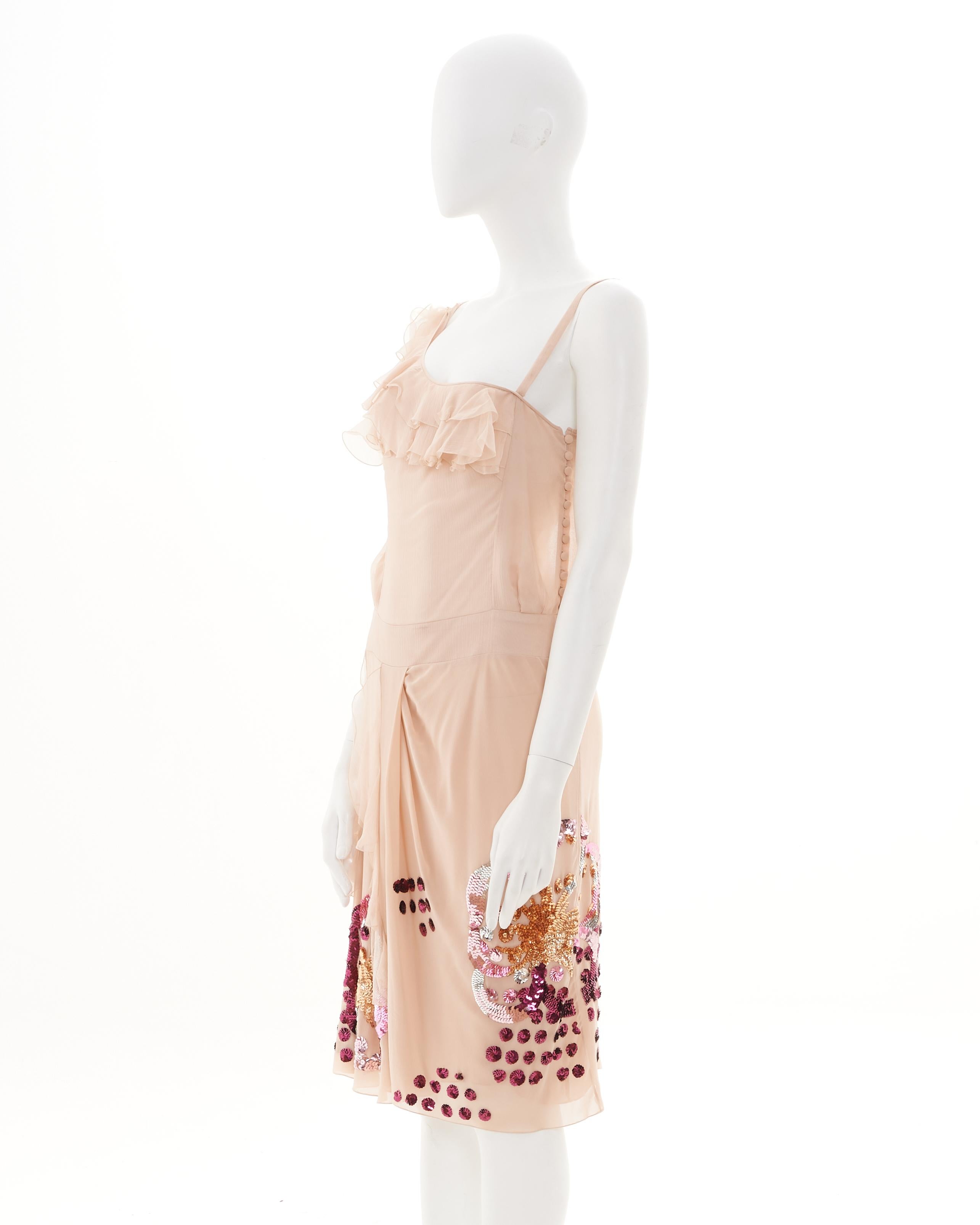 Beige John Galliano S/S 2007 Pink sequined cocktail dress For Sale