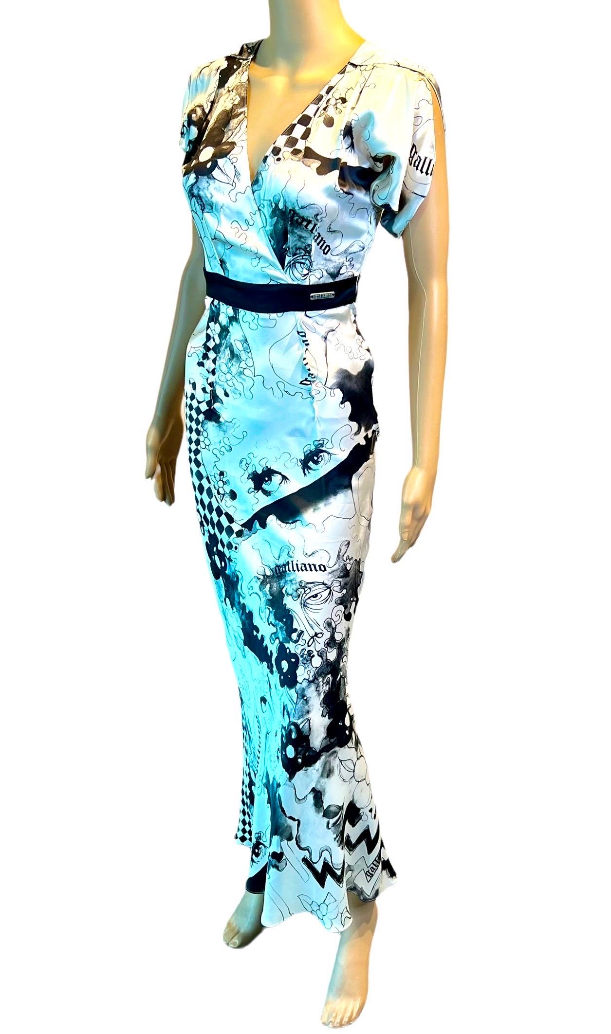 Blue John Galliano S/S 2007 Unworn Logo Gazette Newspaper Print Silk Evening Dress For Sale