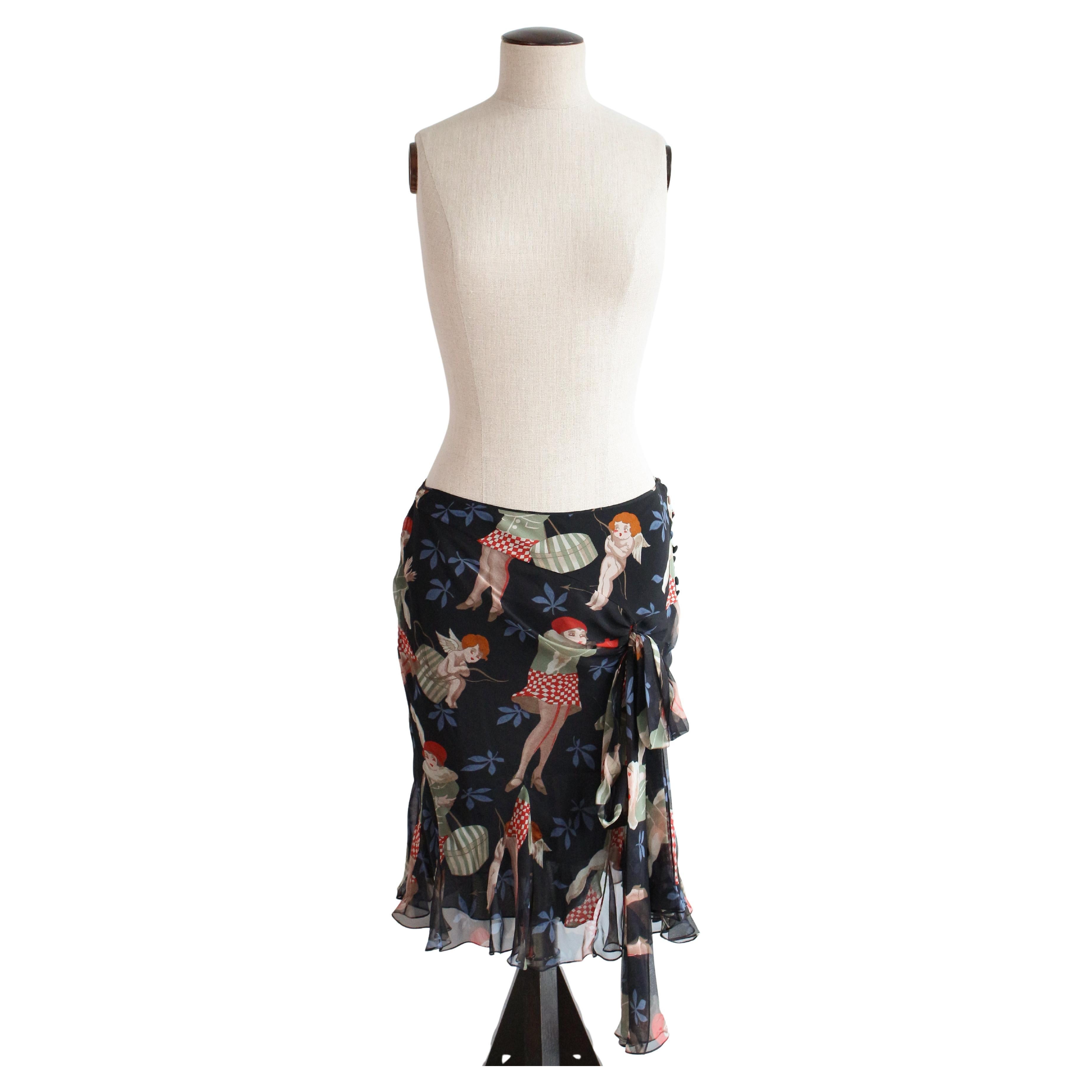 John Galliano S/S04 Black Silk Chiffon Printed Skirt