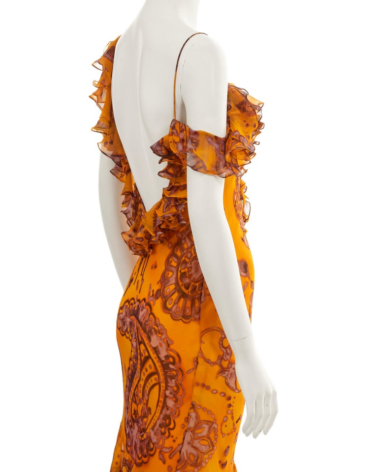 batik evening dress ROBERTO CAVALLI BLUE & GOLD BATIK PRINT MERMAID DRESS 2005