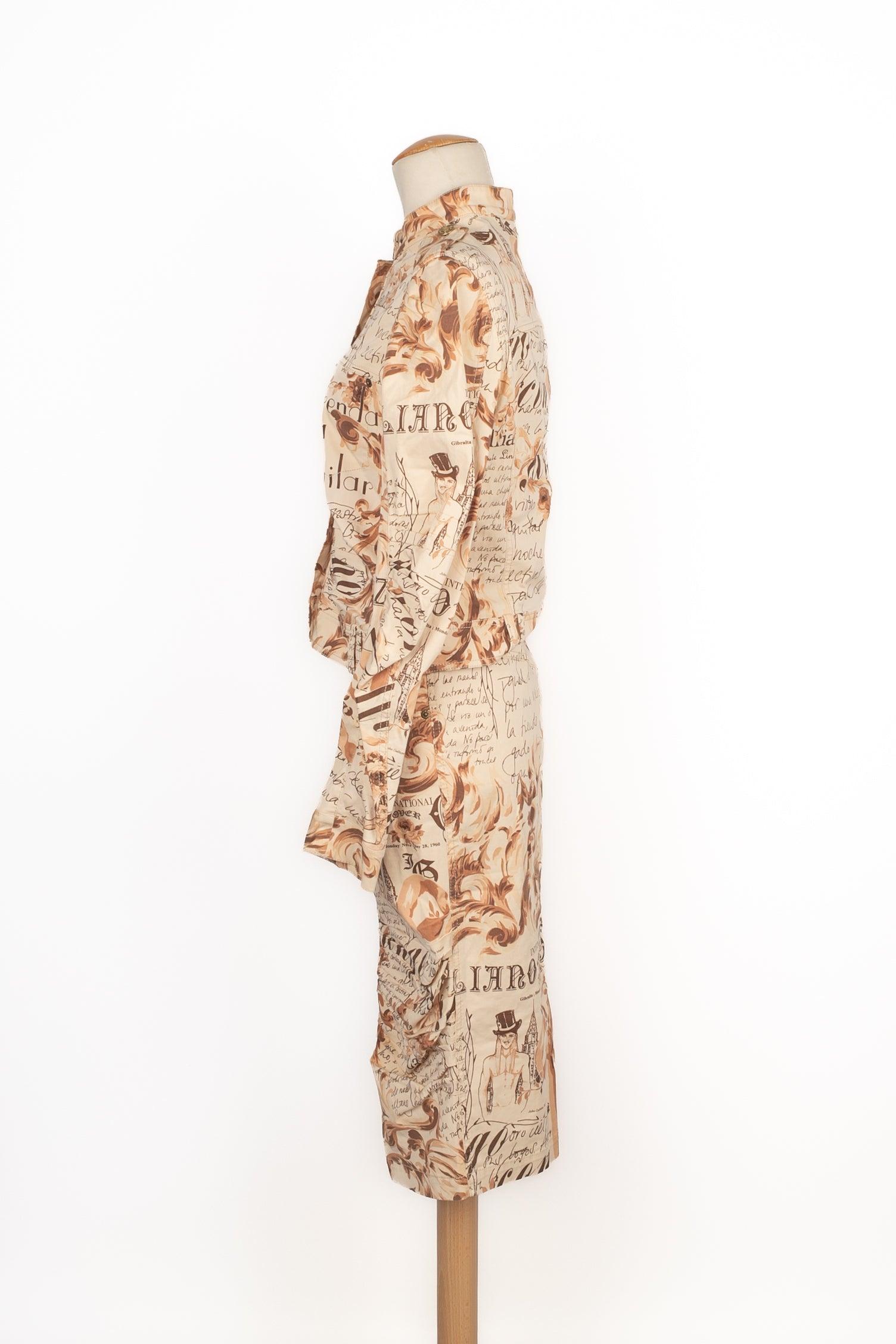 GALLIANO - (Made in Portugal) Beige-tone blended cotton set composed of a jacket and a skirt, printed with patternsin beige and brown tones. Size 42FR indicated. 2006 Spring-Summer Collection.

Additional information:
Condition: Very good