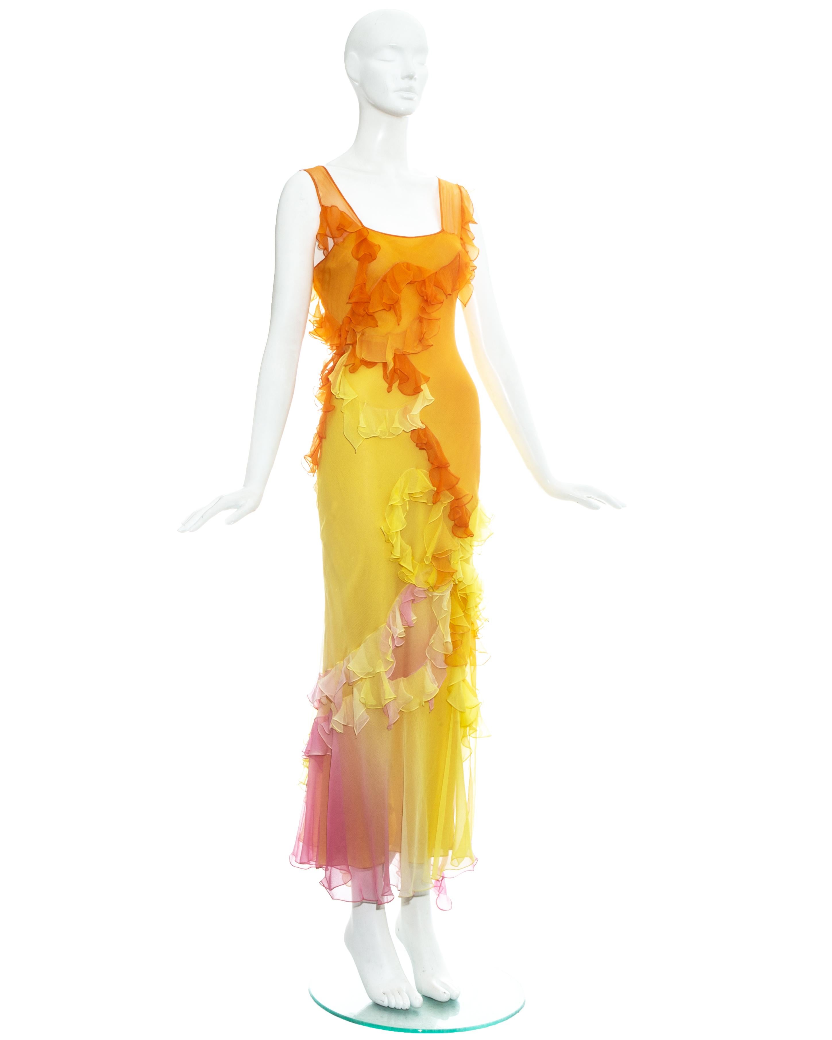 John Galliano silk chiffon ruffled evening dress in highlighter shades of orange, yellow and pink. 

Spring-Summer 2005