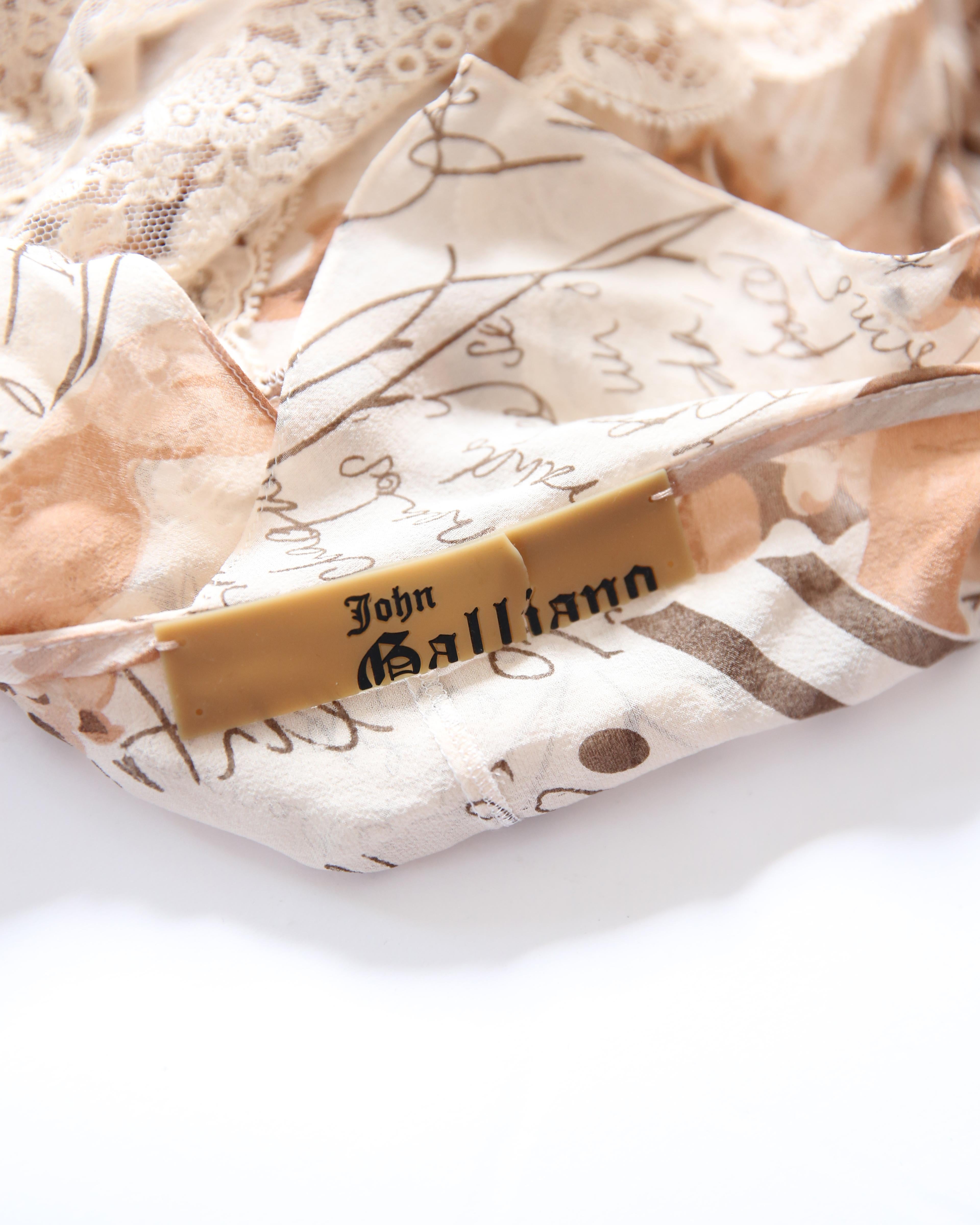 John Galliano silk floral print lace sheer button up cream beige dress top  9