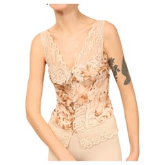 John Galliano silk floral print lace sheer button up cream beige dress top 