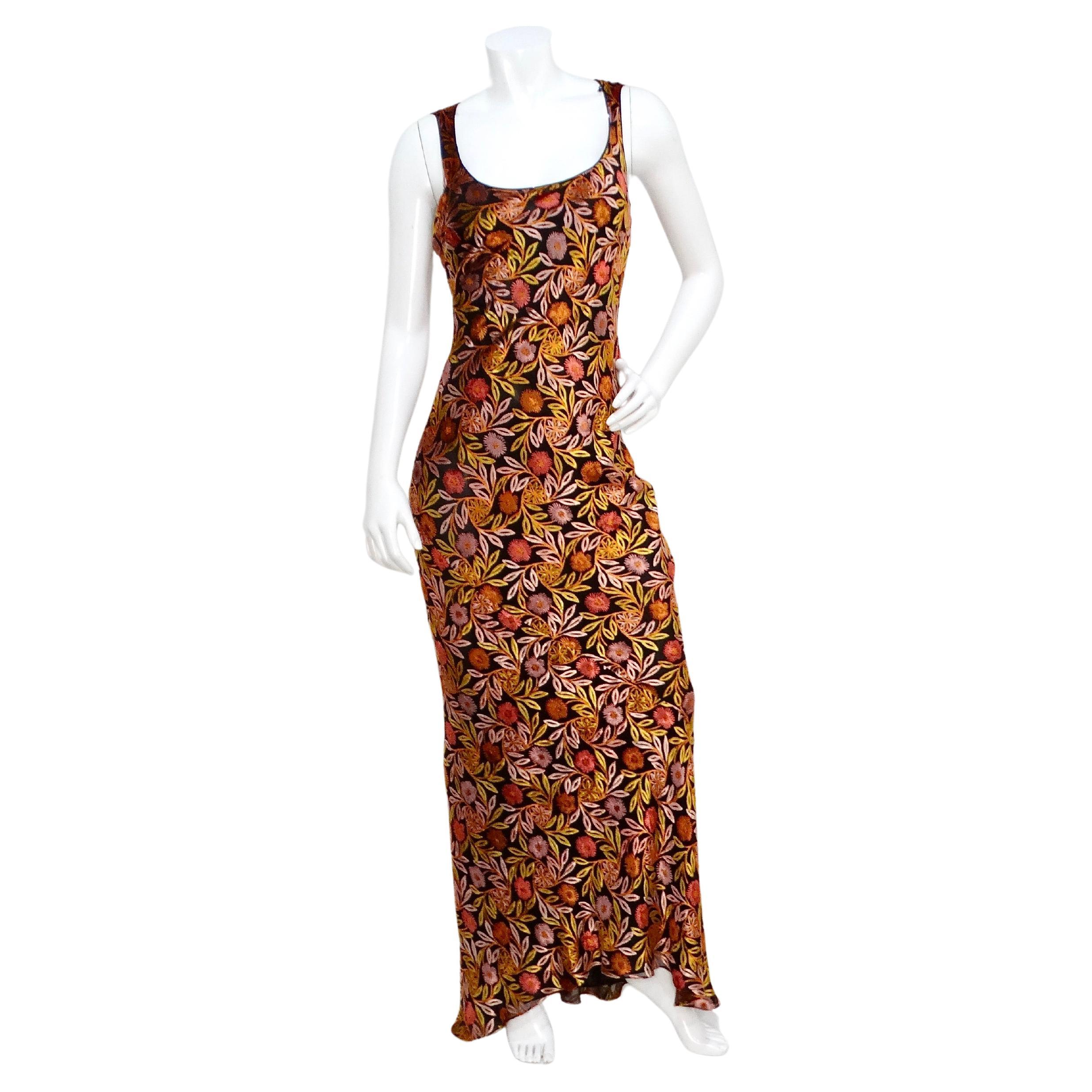 John Galliano Silk Velvet Floral Print Semi-Sheer Maxi Dress