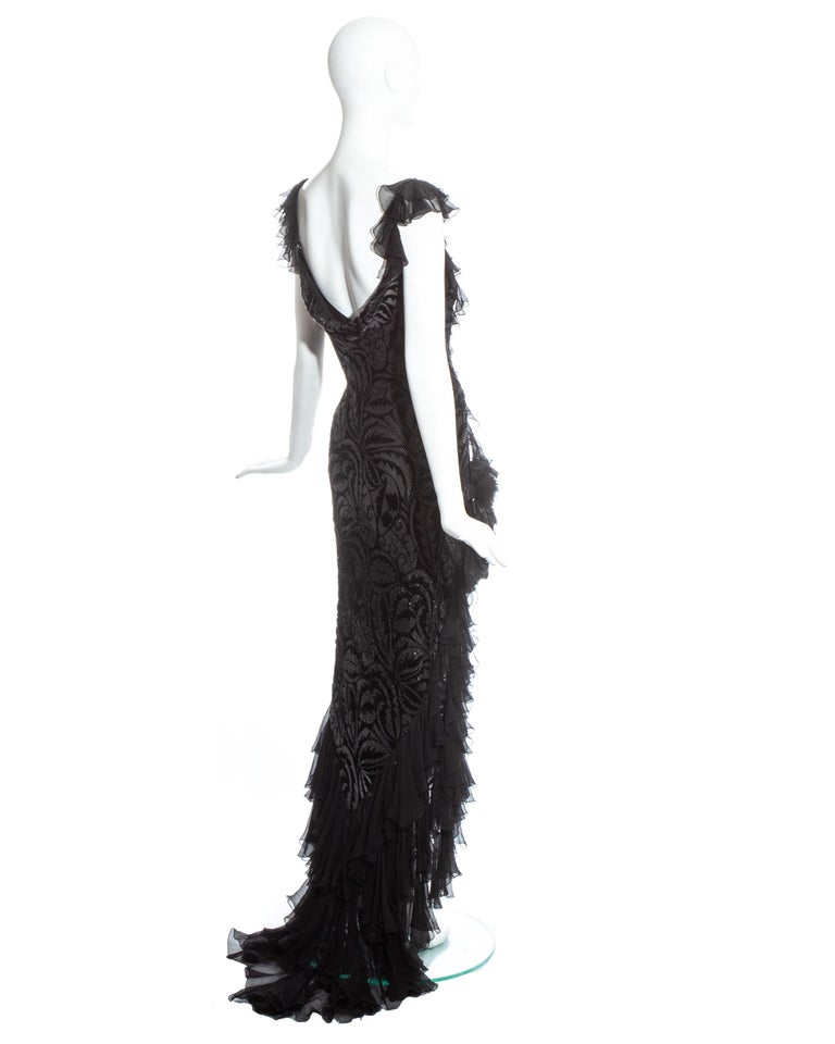 Women's John Galliano silver and black silk flamenco evening dress with train, c. 2000s For Sale
