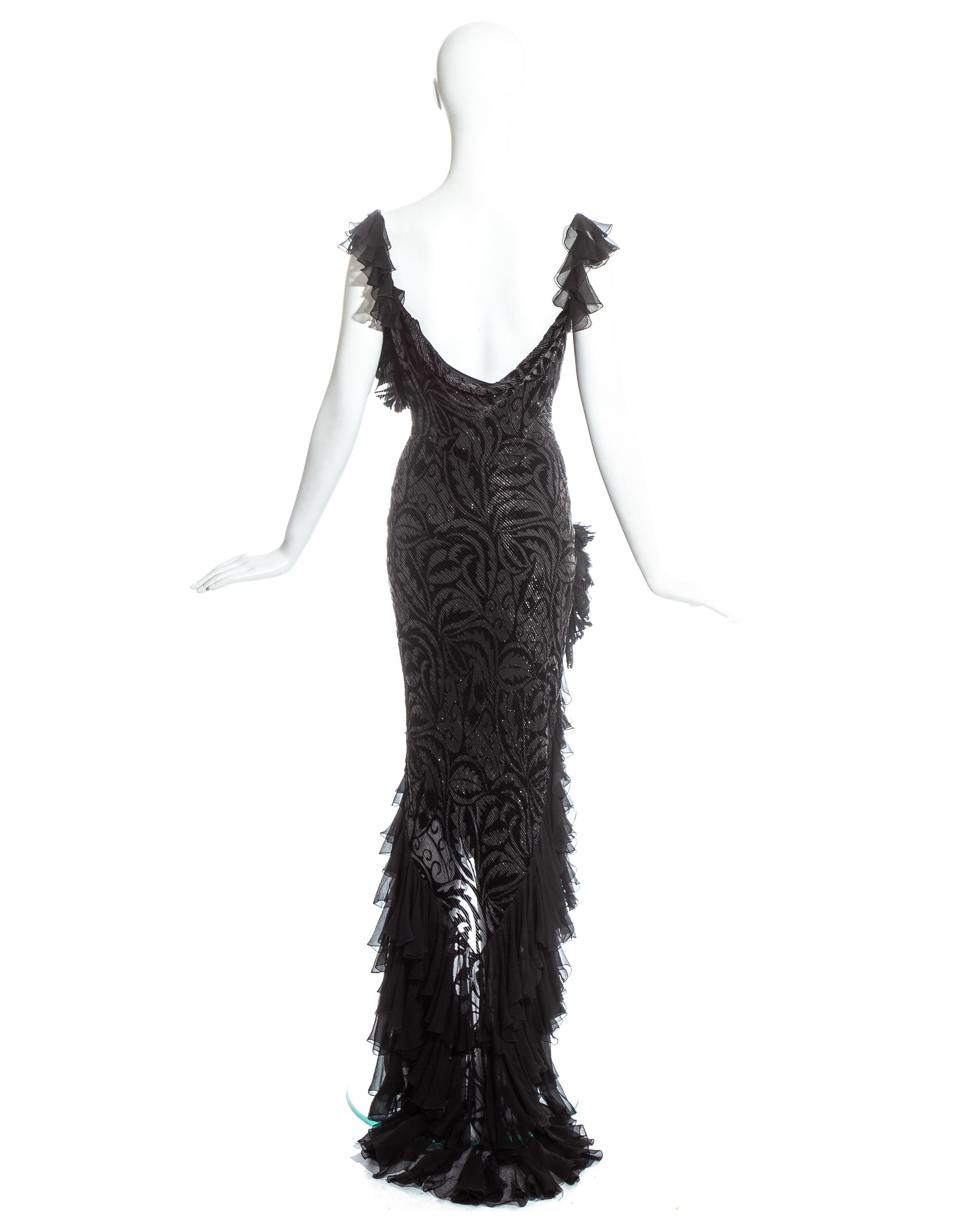 Black John Galliano silver and black silk flamenco evening dress with train, c. 2000s
