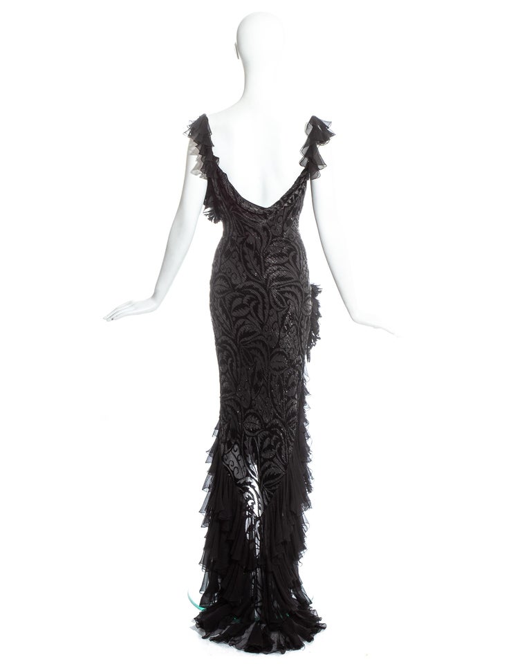 John Galliano silver and black silk flamenco evening dress with train, c. 2000s For Sale 1