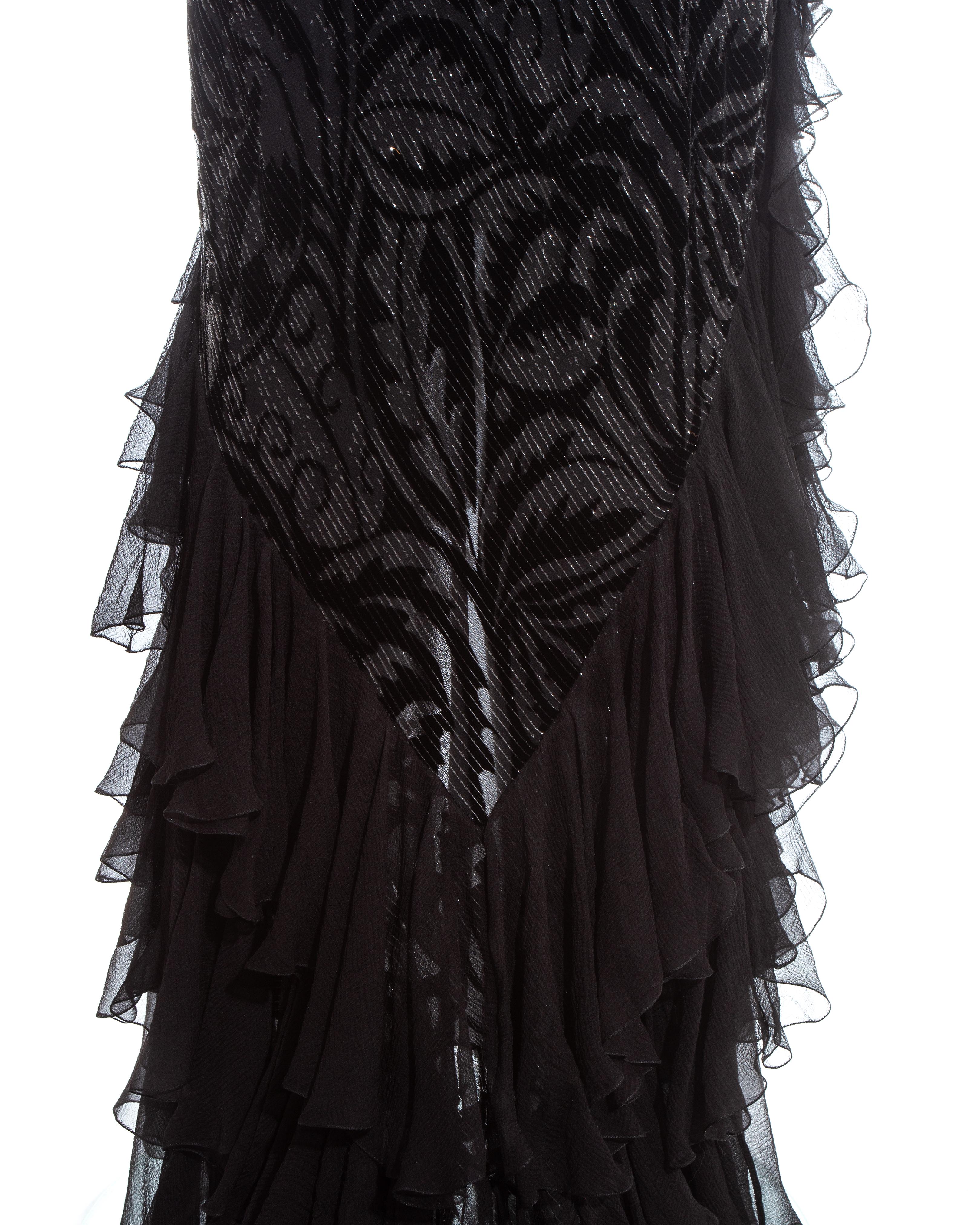 John Galliano silver and black silk flamenco evening dress with train, c. 2000s In Good Condition In London, GB