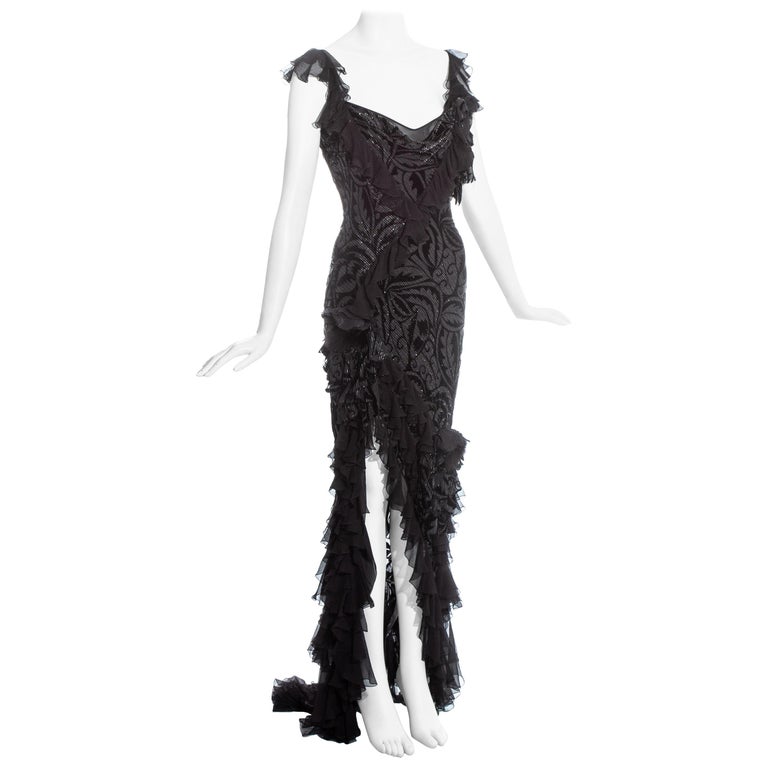 John Galliano silver and black silk flamenco evening dress with train, 2000s, offered by One Of A Kind Archive