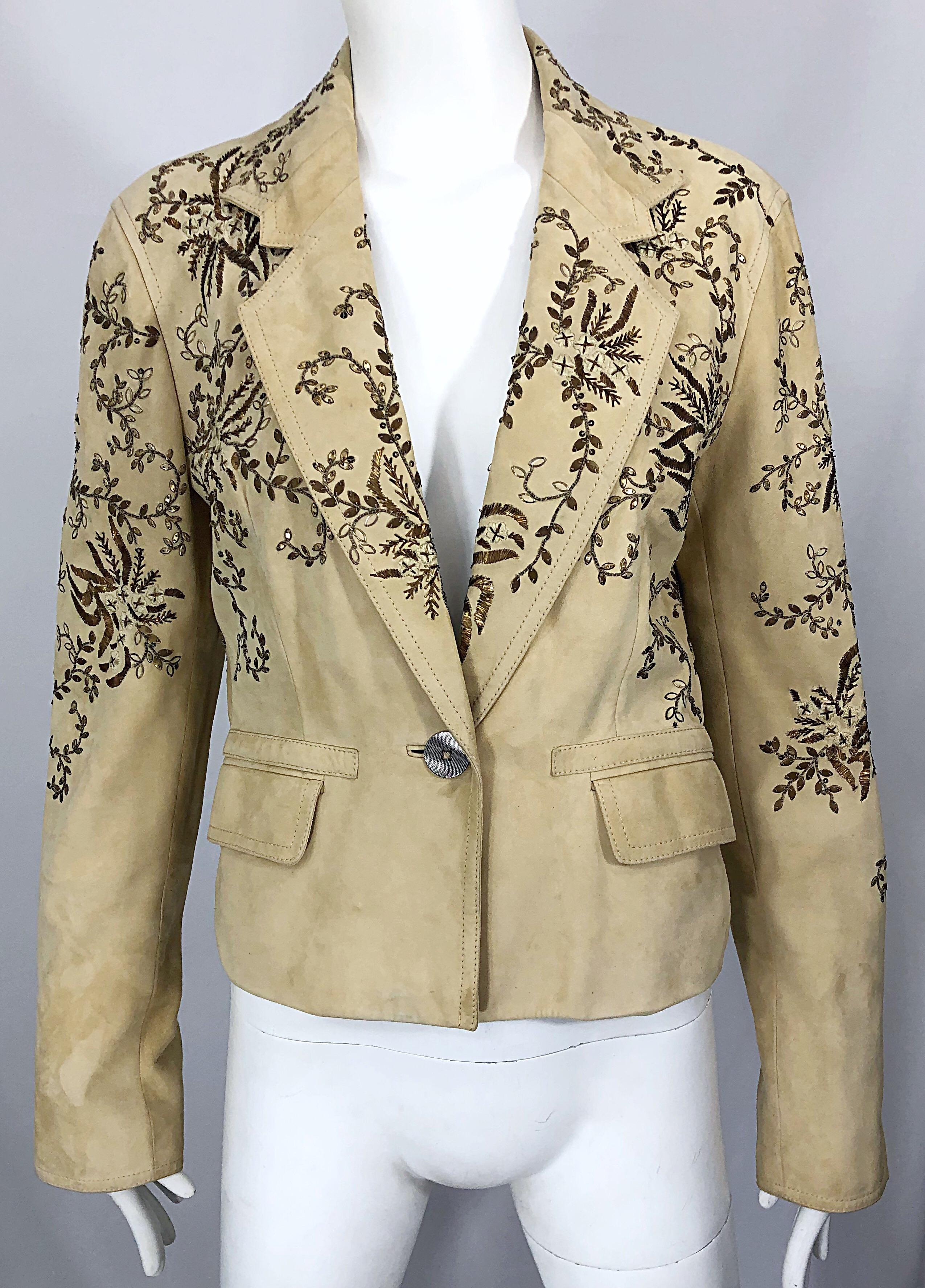 John Galliano Size 10 Suede 2000s Leather Y2K Beaded Khaki Cropped Blazer Jacket For Sale 2