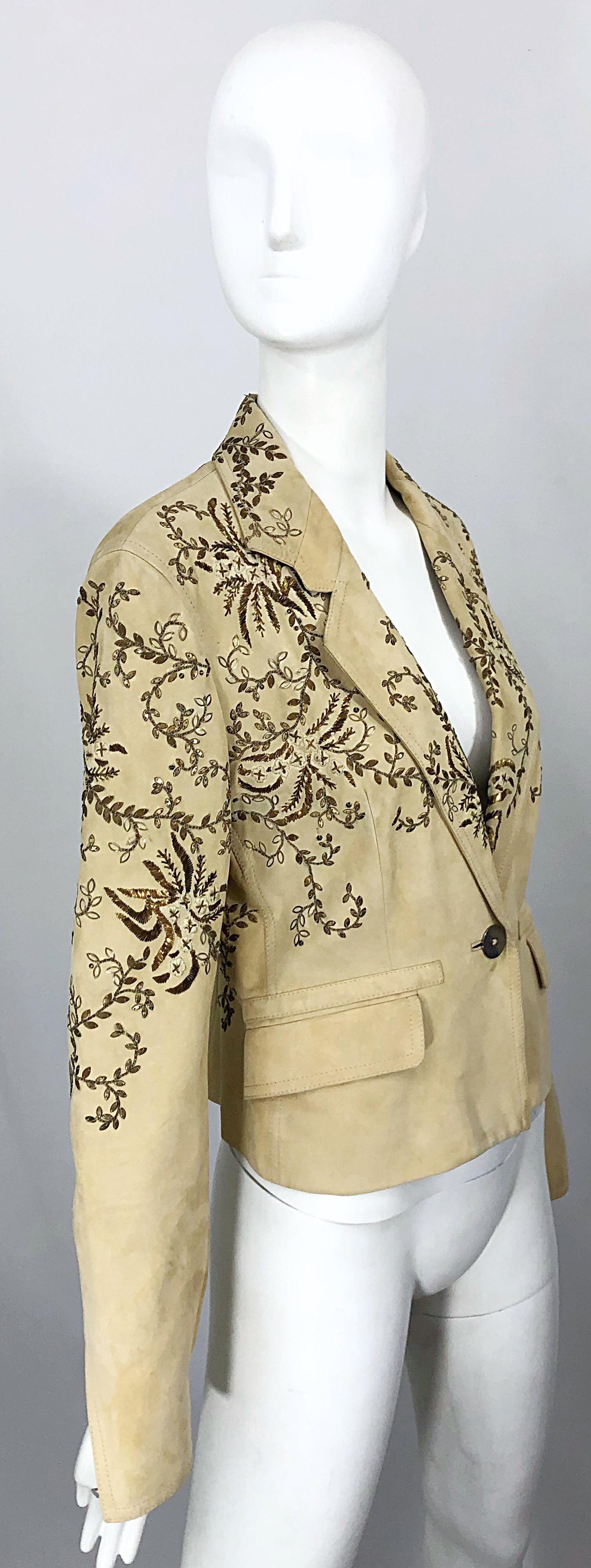 John Galliano Size 10 Suede 2000s Leather Y2K Beaded Khaki Cropped Blazer Jacket For Sale 5