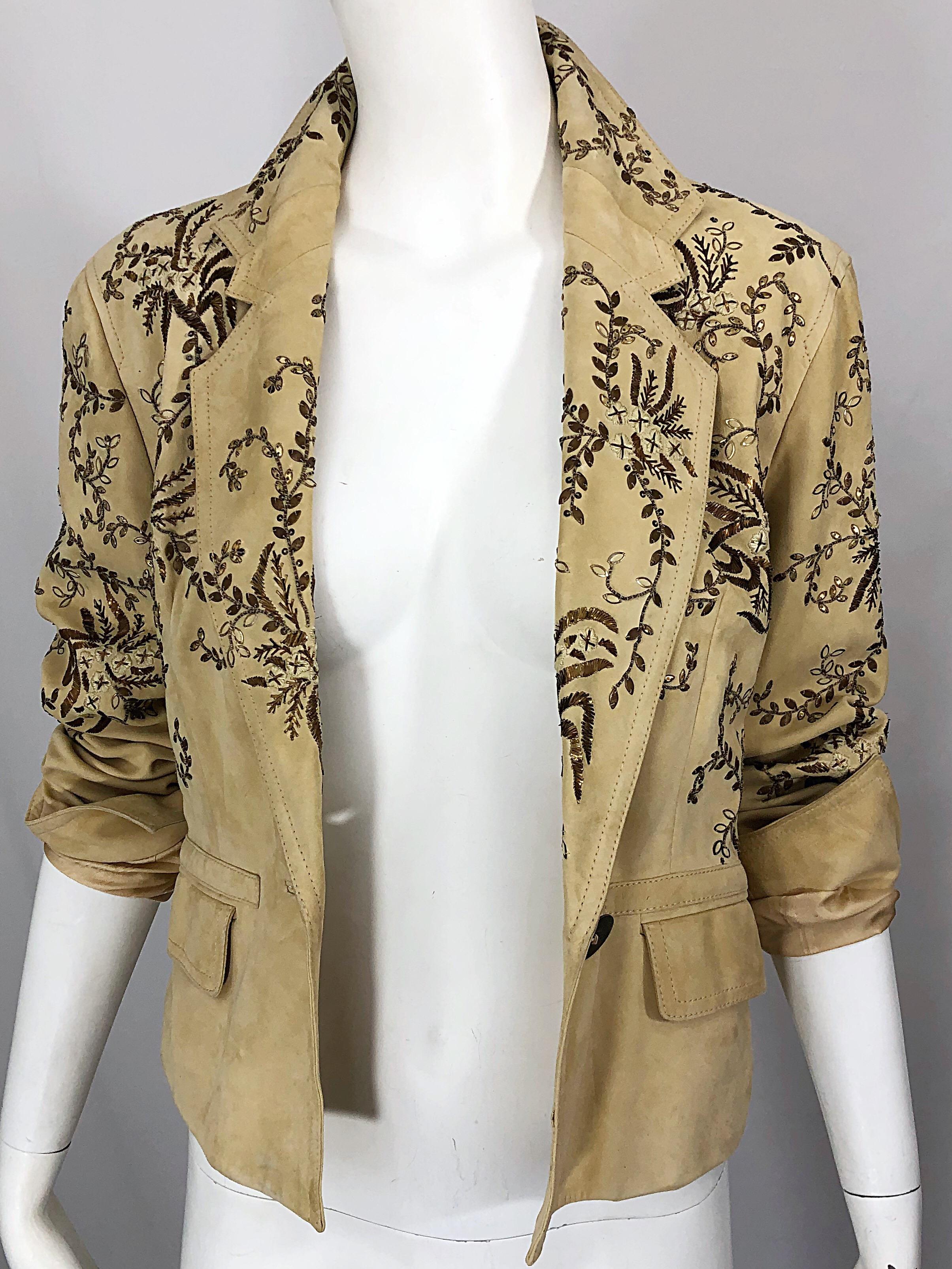 John Galliano Size 10 Suede 2000s Leather Y2K Beaded Khaki Cropped Blazer Jacket For Sale 6