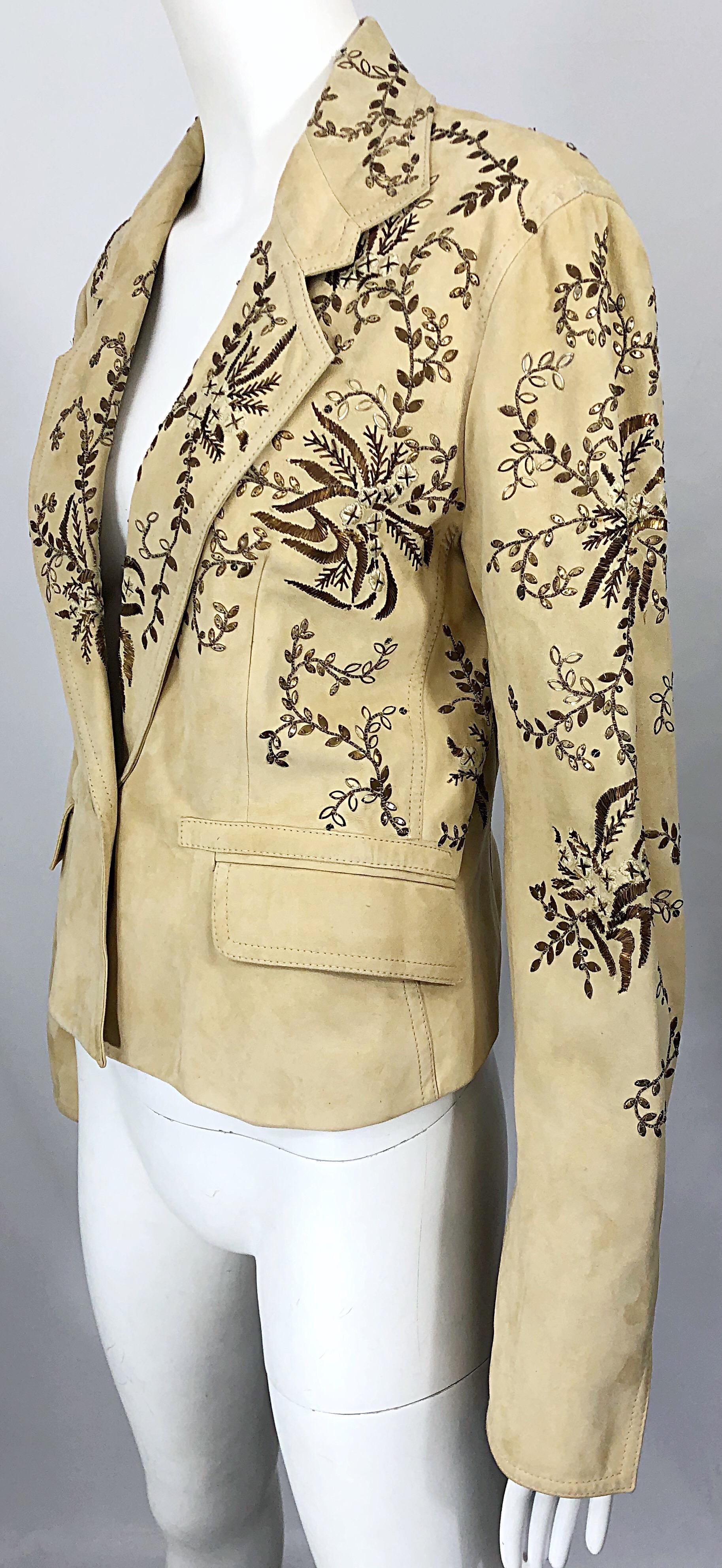 John Galliano Size 10 Suede 2000s Leather Y2K Beaded Khaki Cropped Blazer Jacket For Sale 7