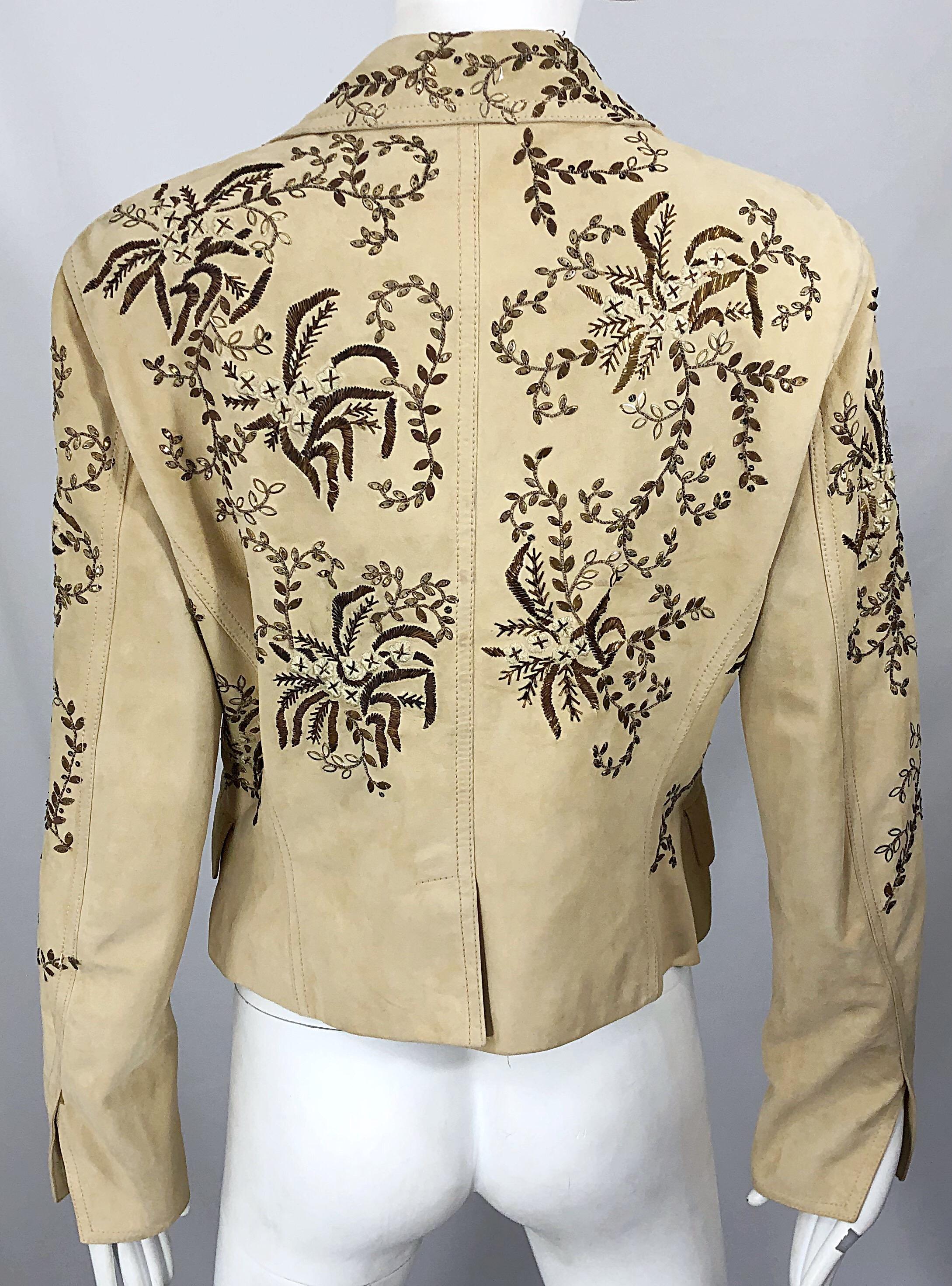 John Galliano Size 10 Suede 2000s Leather Y2K Beaded Khaki Cropped Blazer Jacket For Sale 8
