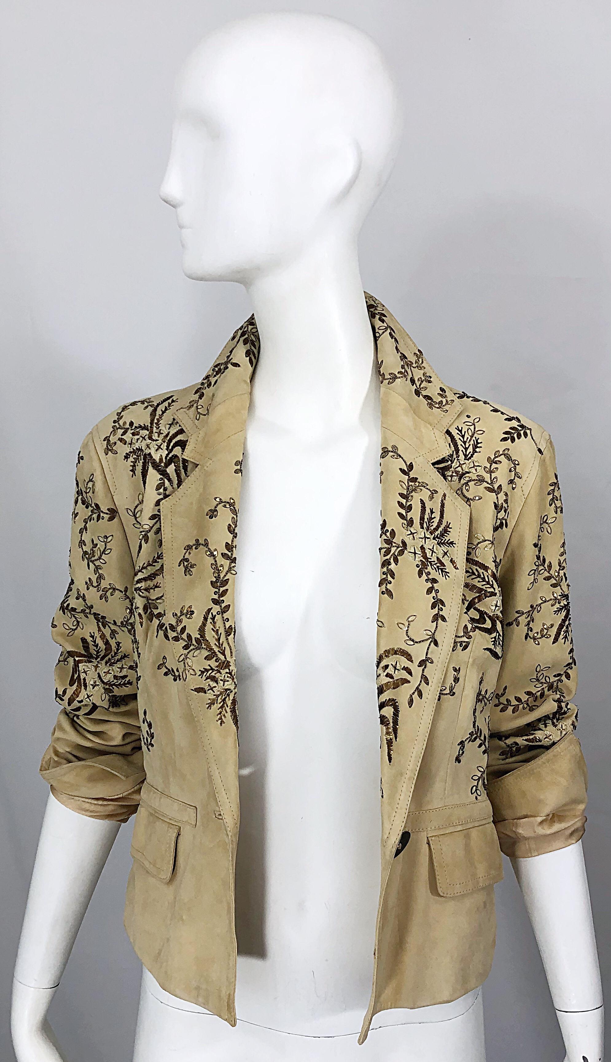 Women's John Galliano Size 10 Suede 2000s Leather Y2K Beaded Khaki Cropped Blazer Jacket For Sale