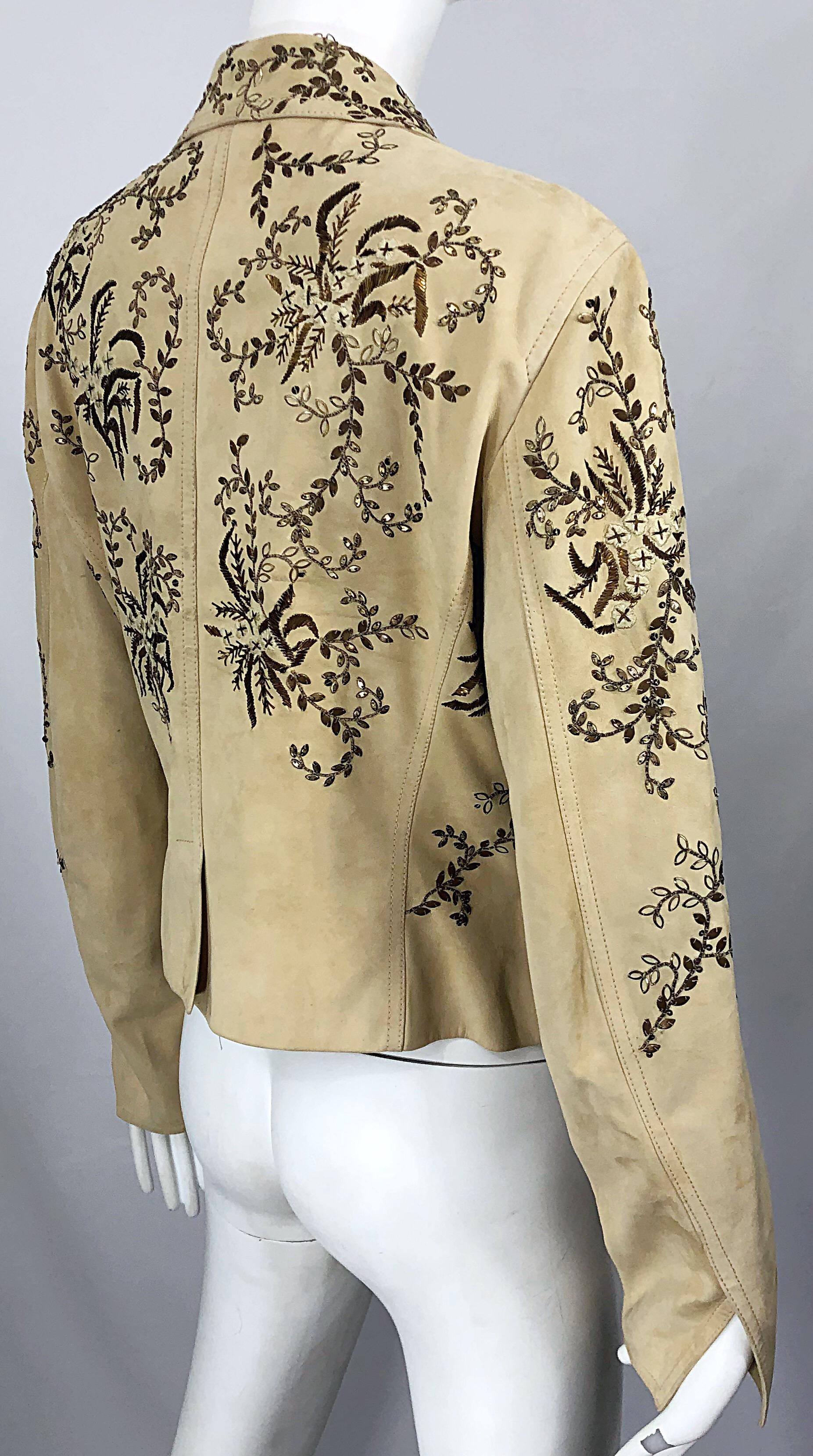 John Galliano Size 10 Suede 2000s Leather Y2K Beaded Khaki Cropped Blazer Jacket For Sale 1