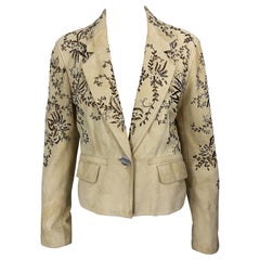 John Galliano Size 10 Suede 2000s Leather Y2K Beaded Khaki Cropped Blazer Jacket