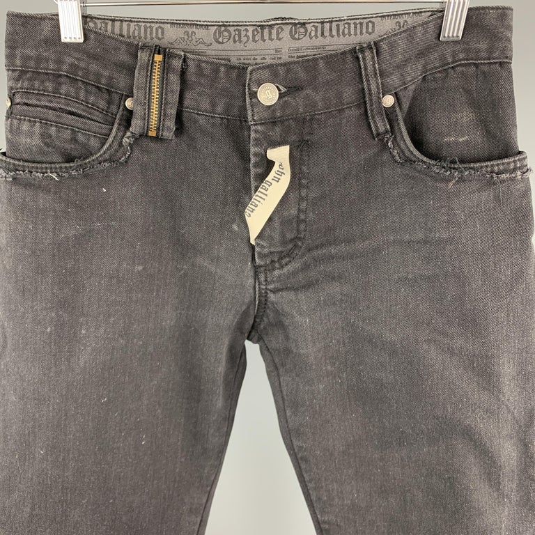 JOHN GALLIANO Size 30 Charcoal Blue Logo Print Jeans For Sale at 1stDibs