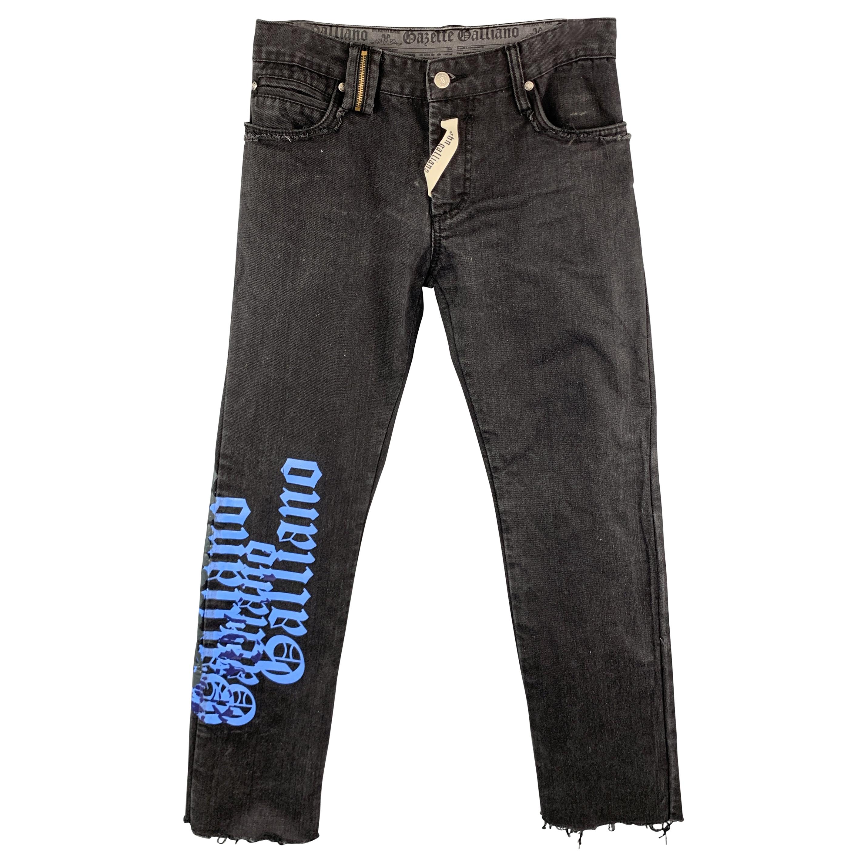JOHN GALLIANO Size 30 Charcoal Blue Logo Print Jeans For Sale at 1stDibs