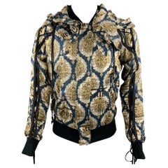 JOHN GALLIANO Size 36 Gold & Teal Newspaper Print Silk Bomber Jacket