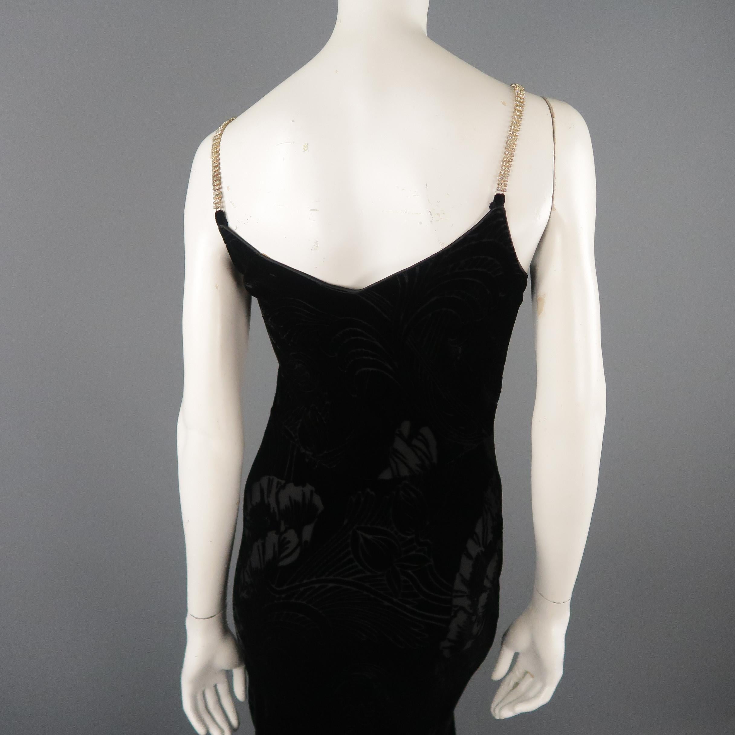 JOHN GALLIANO Size 8 Black Floral Burnout Velvet Rhinestone Strap Dress / Gown 3