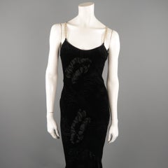 JOHN GALLIANO Size 8 Black Floral Burnout Velvet Rhinestone Strap Dress / Gown