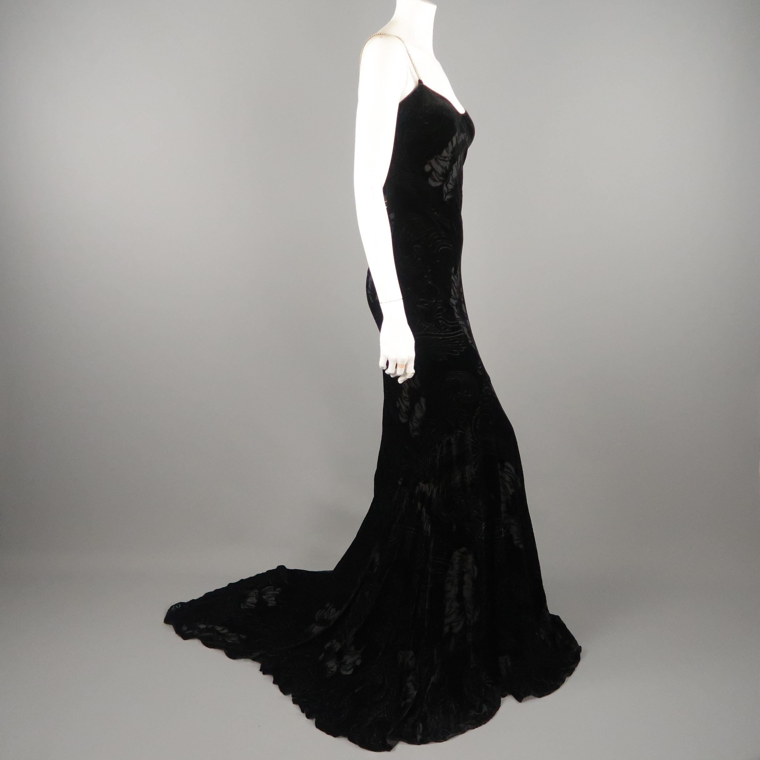 JOHN GALLIANO Size 8 Black Floral Burnout Velvet Rhinestone Strap Dress / Gown In Good Condition In San Francisco, CA