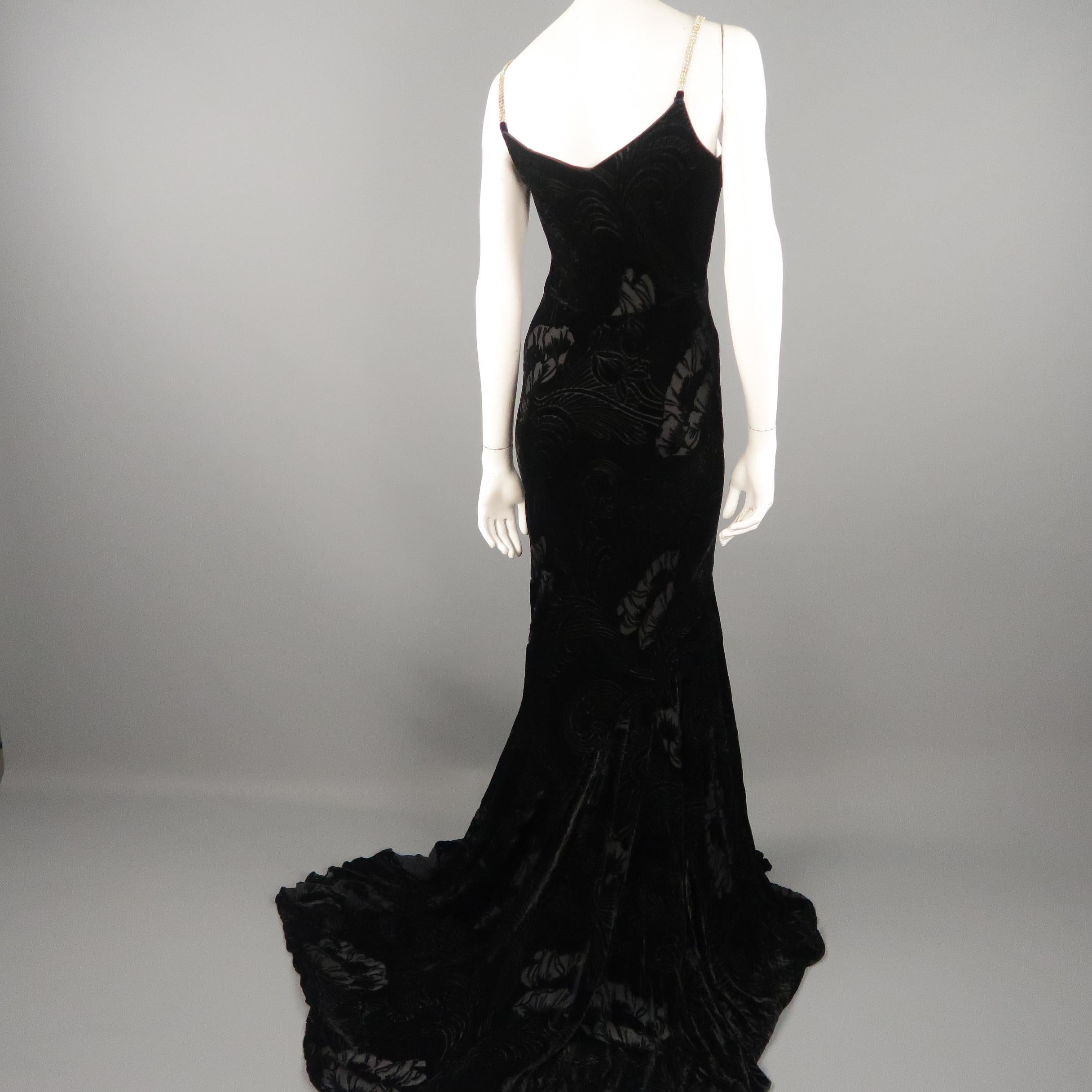 JOHN GALLIANO Size 8 Black Floral Burnout Velvet Rhinestone Strap Dress / Gown 2