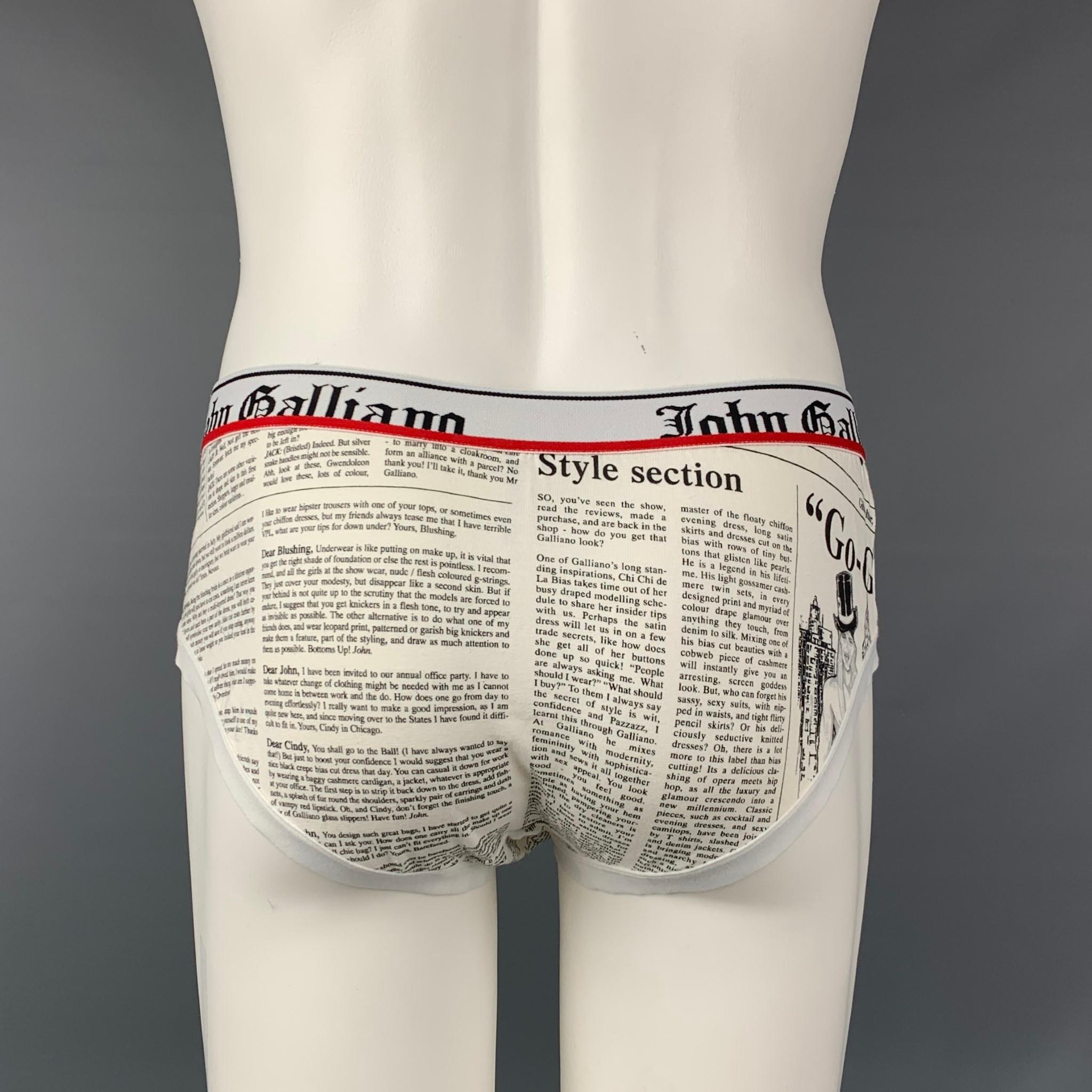 JOHN GALLIANO briefs comes in a white & black newspaper print cotton blend featuring a elastic waistband. 

New With Tags. 
Marked: L

Measurements:

Waist: 26 in.
Height: 9.5 in. 