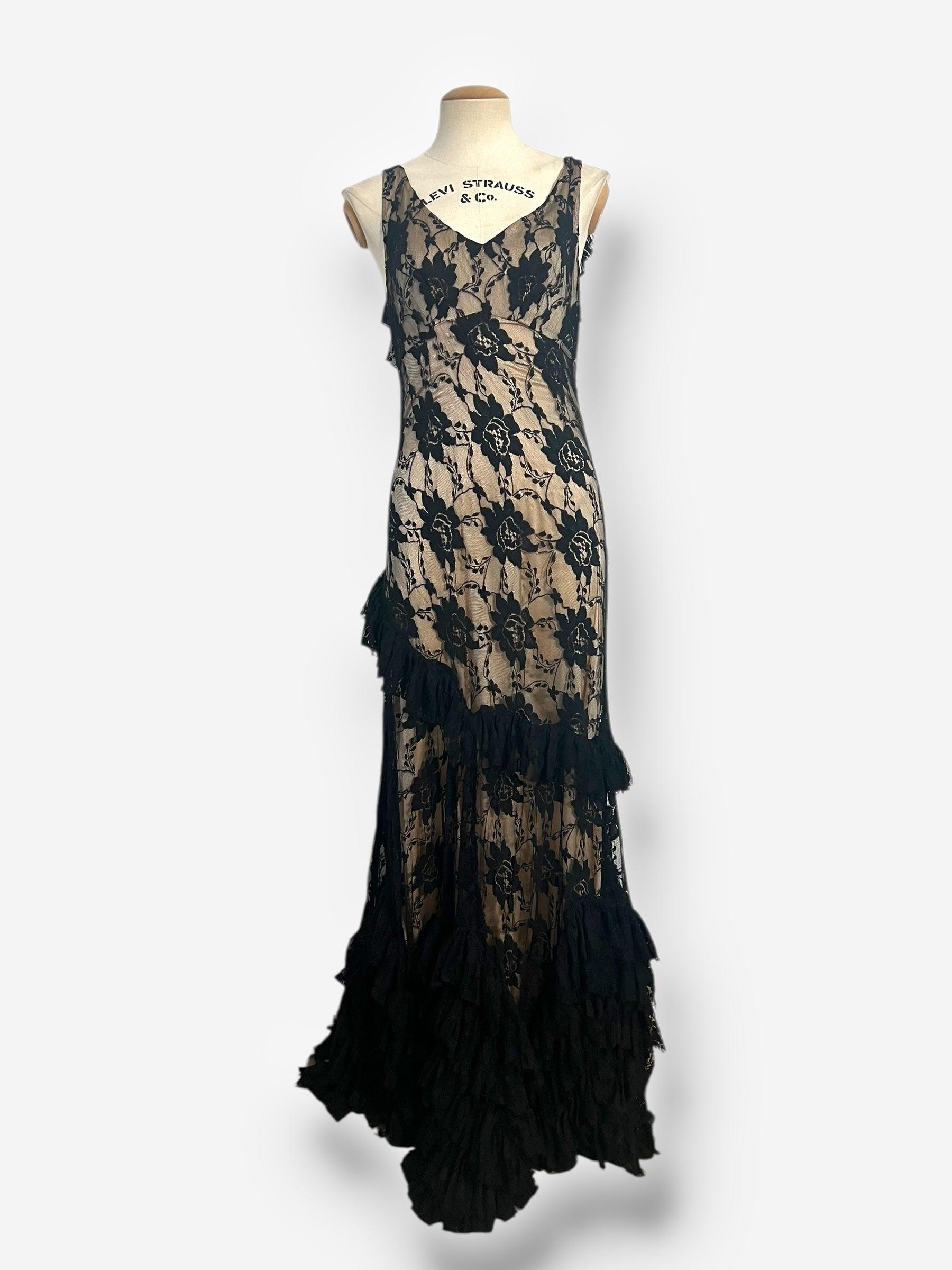 Women's John Galliano, Spanish-Influenced Tiered Black Lace Bias-Cut Gown, 2010s For Sale