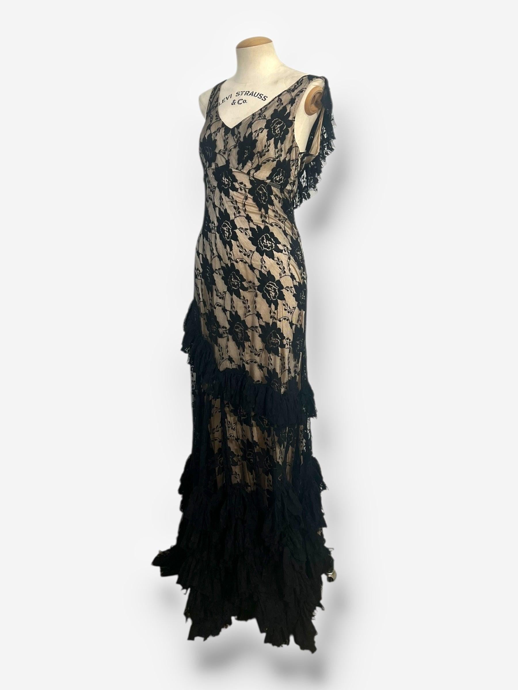 John Galliano, Spanish-Influenced Tiered Black Lace Bias-Cut Gown, 2010s For Sale 1