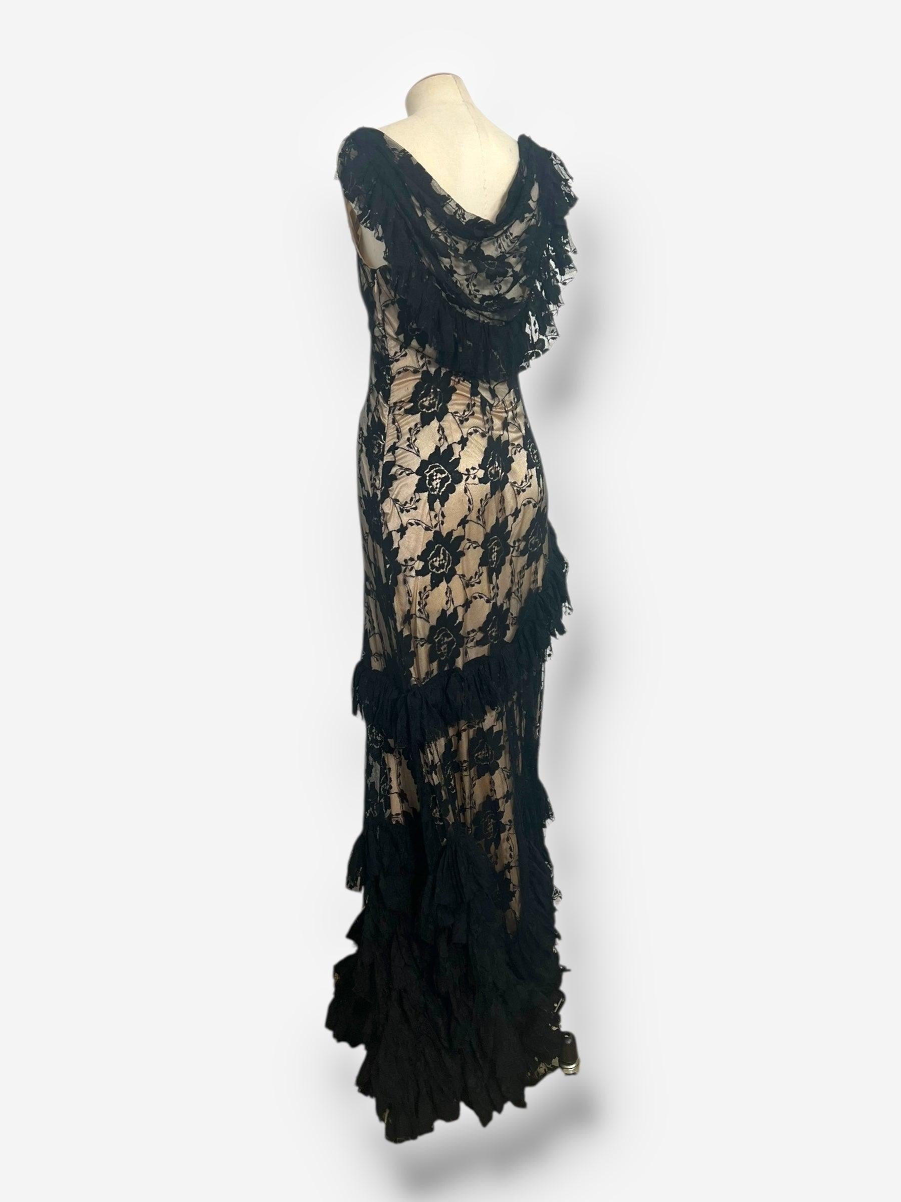 John Galliano, Spanish-Influenced Tiered Black Lace Bias-Cut Gown, 2010s For Sale 2