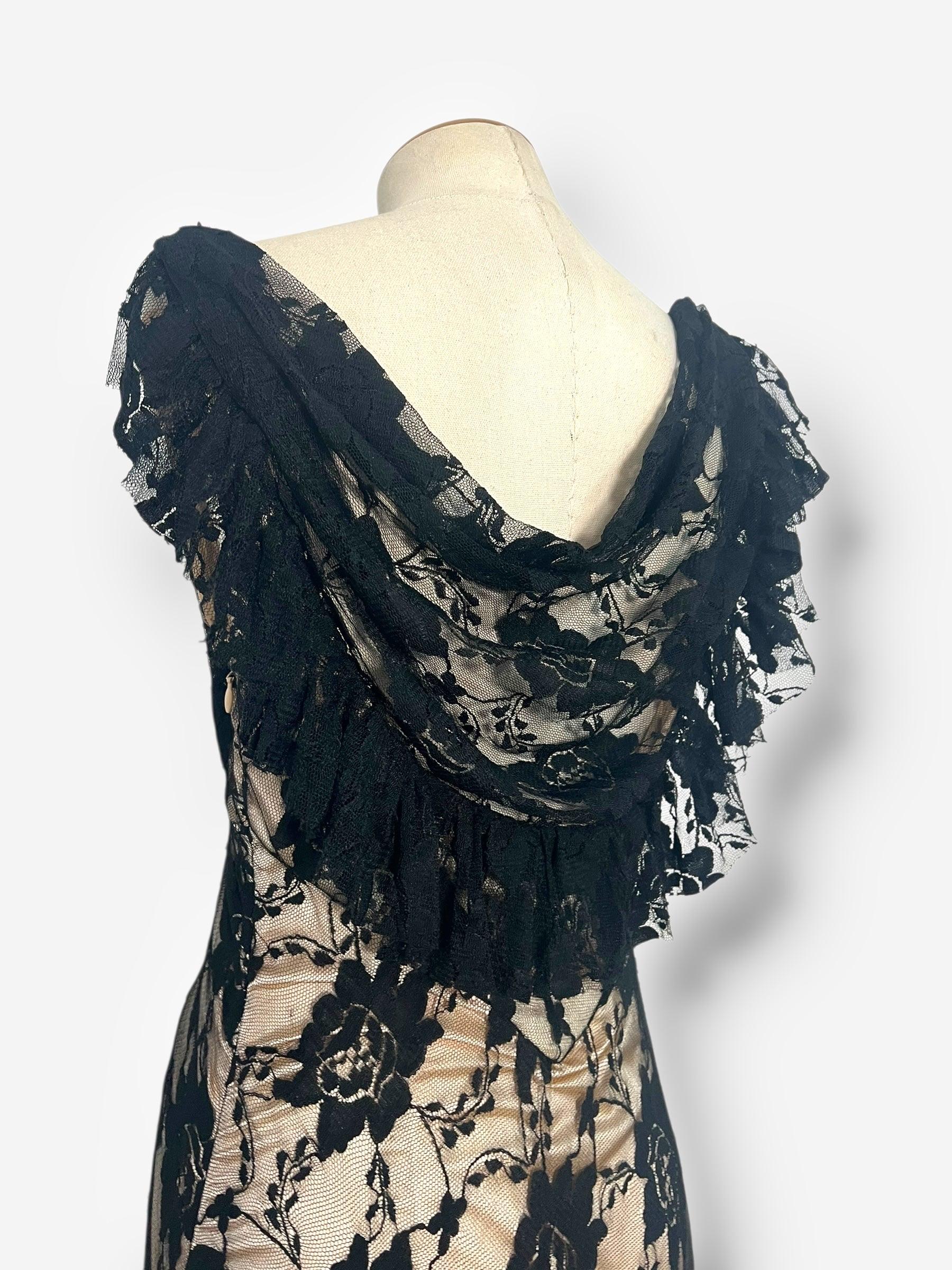 John Galliano, Spanish-Influenced Tiered Black Lace Bias-Cut Gown, 2010s For Sale 3