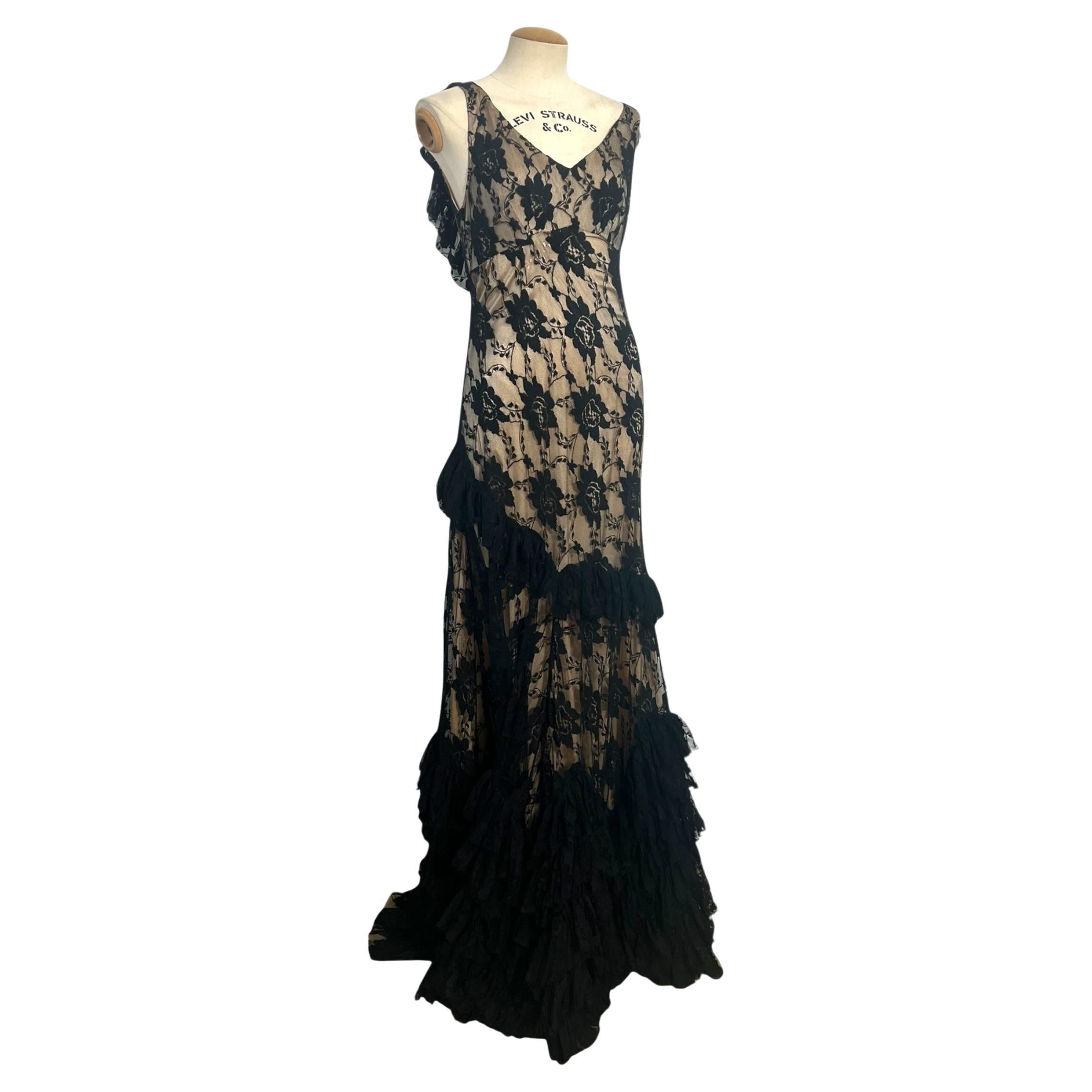John Galliano, Spanish-Influenced Tiered Black Lace Bias-Cut Gown, 2010s For Sale