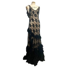 John Galliano, Spanish-Influenced Tiered Black Lace Bias-Cut Gown, 2010s